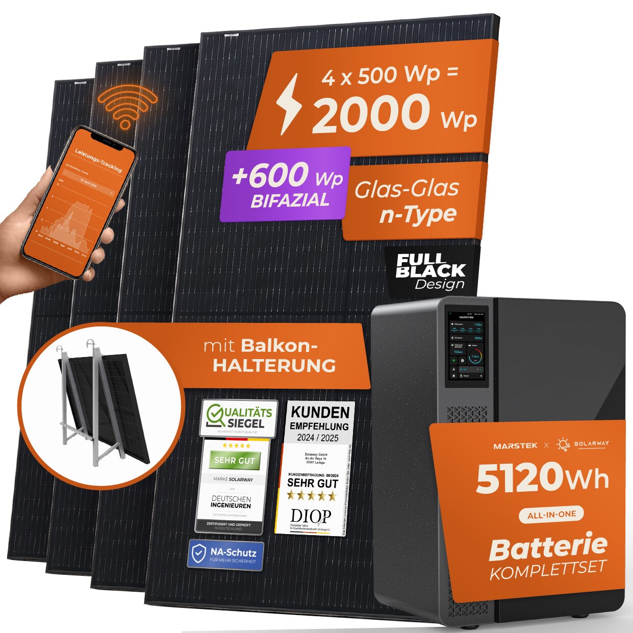 Solarway® All In One Balkonkraftwerk mit Speicher 2000W komplett Steckdose – 5,1 kWh Marstek Jupiter E Speicher – Solaranlage Komplettset – 500W bifaziale Solarmodule & Marstek Speicher | 04262403075931