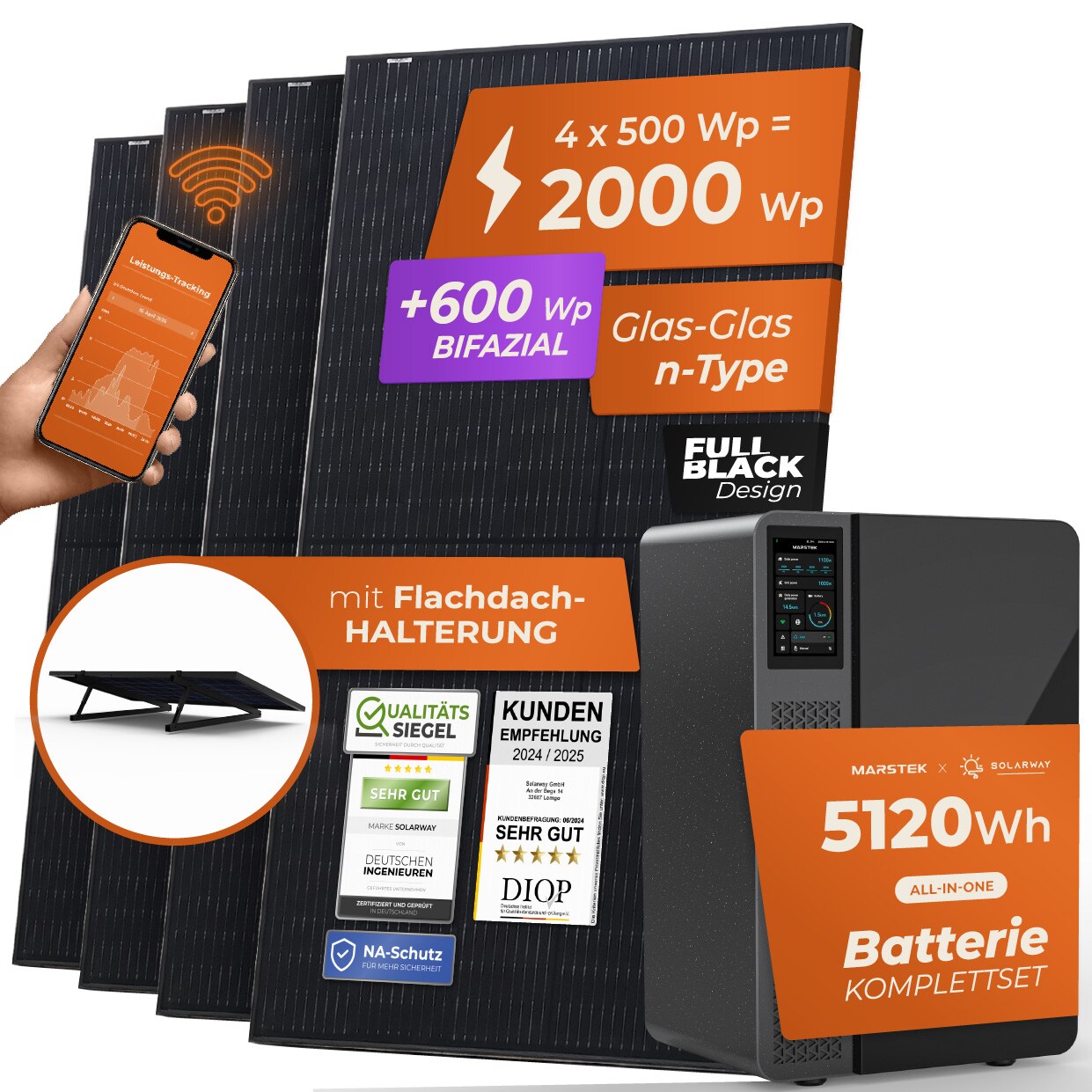 Solarway&reg; All In One Balkonkraftwerk mit Speicher 2000W komplett Steckdose - 5,1 kWh Marstek Jupiter E Speicher - Solaranlage Komplettset - 500W bifaziale Solarmodule & Marstek Speicher - Bild 1