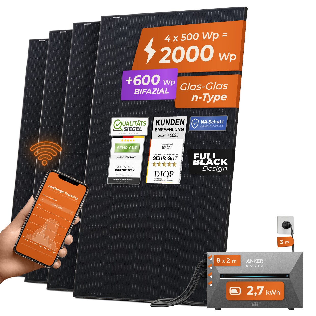 Solarway&reg; All In One Balkonkraftwerk mit Speicher 2000W komplett Steckdose - 2,7 kWh Anker Solix 3 PRO Speicher - Solaranlage Komplettset - 500W bifaziale Solarmodule & Anker Speicher & Zubeh&ouml;r - Bild 1