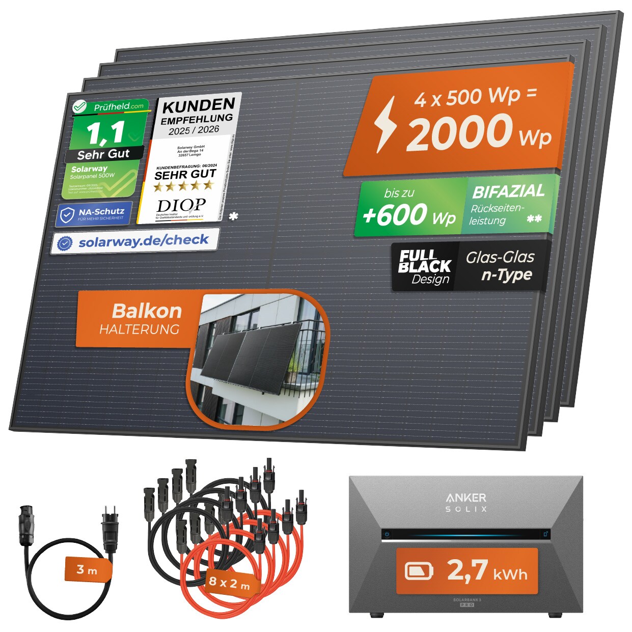 Solarway® All In One Balkonkraftwerk mit Speicher 2000W komplett Steckdose – 2,7 kWh Anker Solix 3 PRO Speicher – Solaranlage Komplettset – 500W bifaziale Solarmodule & Anker Speicher & Zubehör | 04262403076198