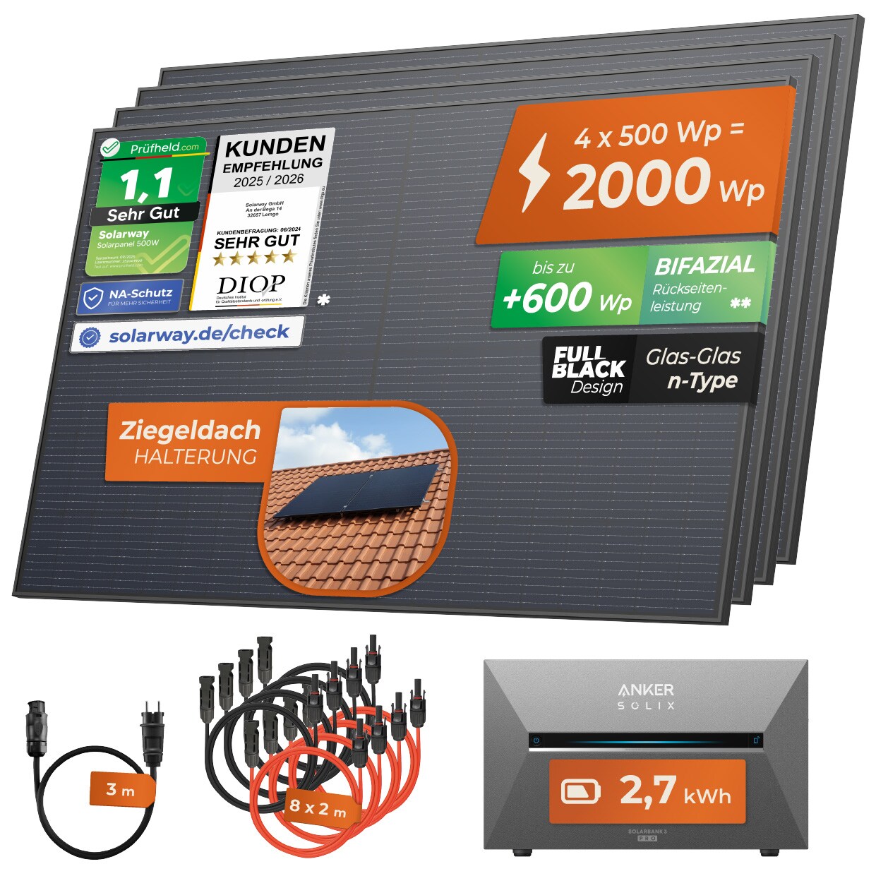 Solarway&reg; All In One Balkonkraftwerk mit Speicher 2000W komplett Steckdose - 2,7 kWh Anker Solix 3 PRO Speicher - Solaranlage Komplettset - 500W bifaziale Solarmodule & Anker Speicher & Zubeh&ouml;r - Bild 1