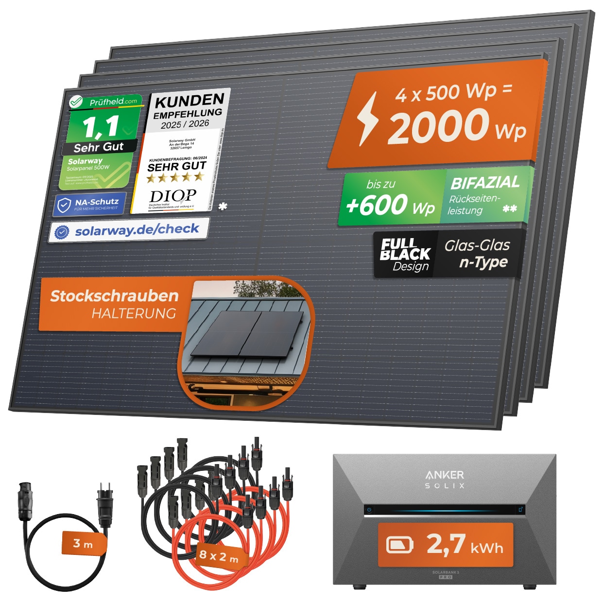 Solarway® All In One Balkonkraftwerk mit Speicher 2000W komplett Steckdose - 2,7 kWh Anker Solix 3 PRO Speicher - Solaranlage Komplettset - …