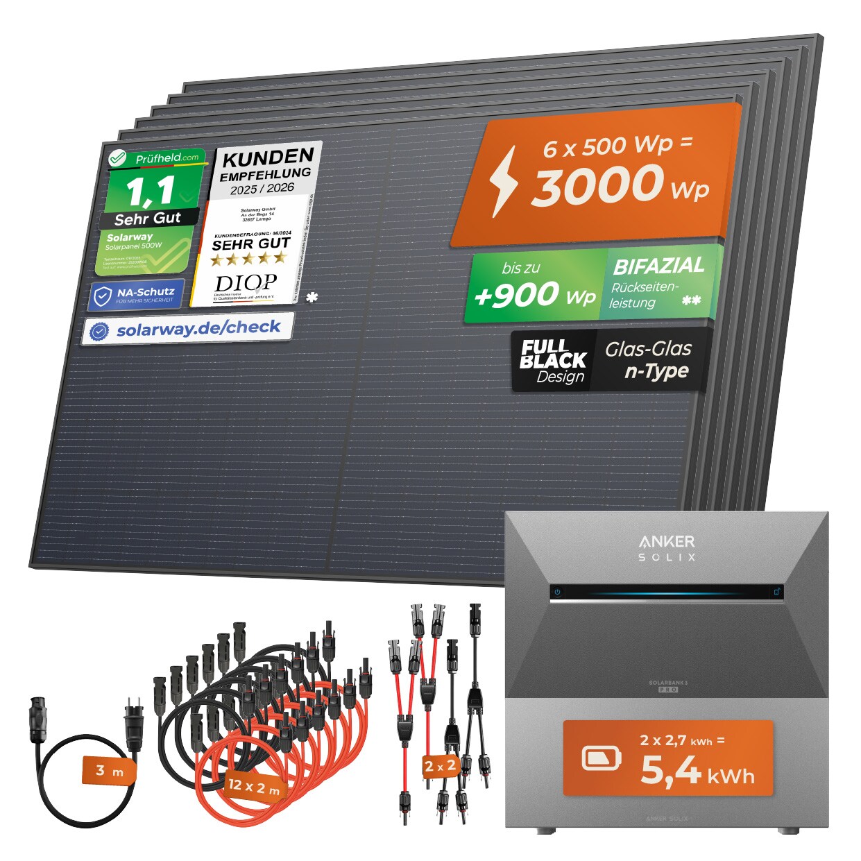 Solarway® All In One Balkonkraftwerk mit Speicher 3000W komplett Steckdose - 5,4 kWh Anker SOLIX 3 PRO Speicher - Solaranlage Komplettset - 500W bifaziale Solarmodule & Anker Speicher & Zubehör