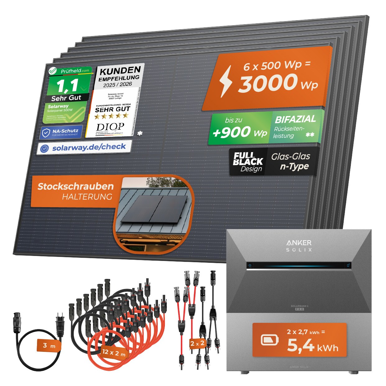 Solarway® All In One Balkonkraftwerk mit Speicher 3000W komplett Steckdose - 5,4 kWh Anker Solix 3 PRO Speicher - Solaranlage Komplettset - 500W bifaziale Solarmodule & Anker Speicher & Zubehör