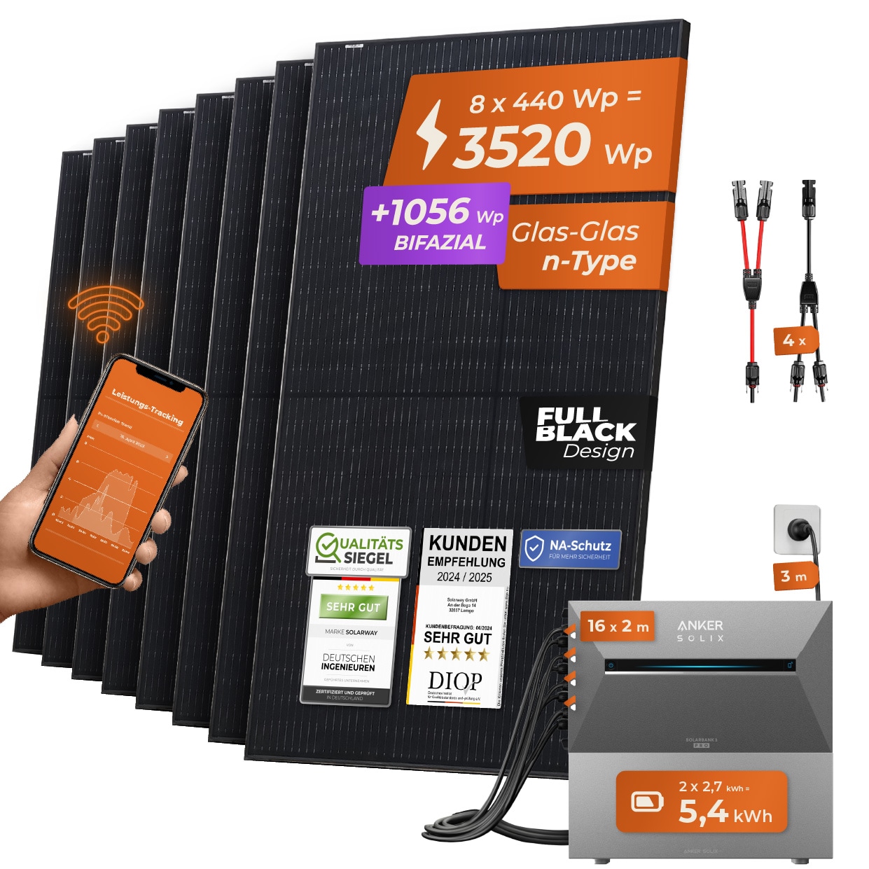 Solarway&reg; All In One Balkonkraftwerk mit Speicher 3500W komplett Steckdose - 5,4 kWh Anker Solix 3 PRO Speicher - Solaranlage Komplettset - 440W bifaziale Solarmodule & Anker Speicher & Zubeh&ouml;r - Bild 1
