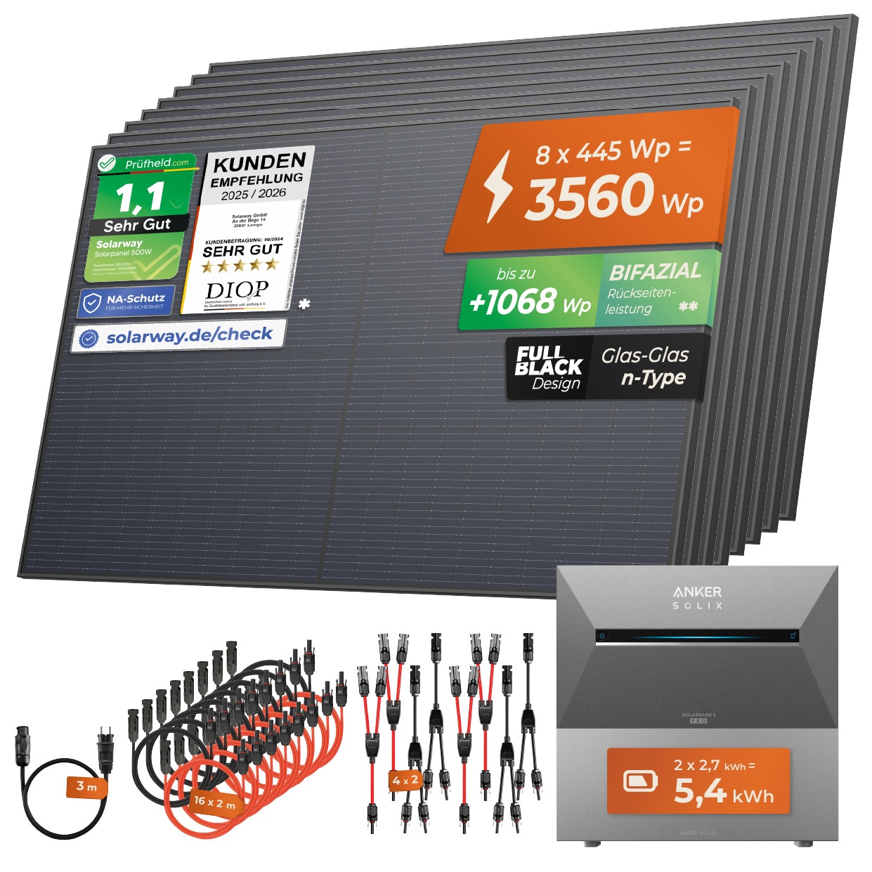 Solarway® All In One Balkonkraftwerk mit Speicher 3560W komplett Steckdose - 5,4 kWh Anker SOLIX 3 PRO Speicher - Solaranlage Komplettset - 445W bifaziale Solarmodule & Anker Speicher & Zubehör