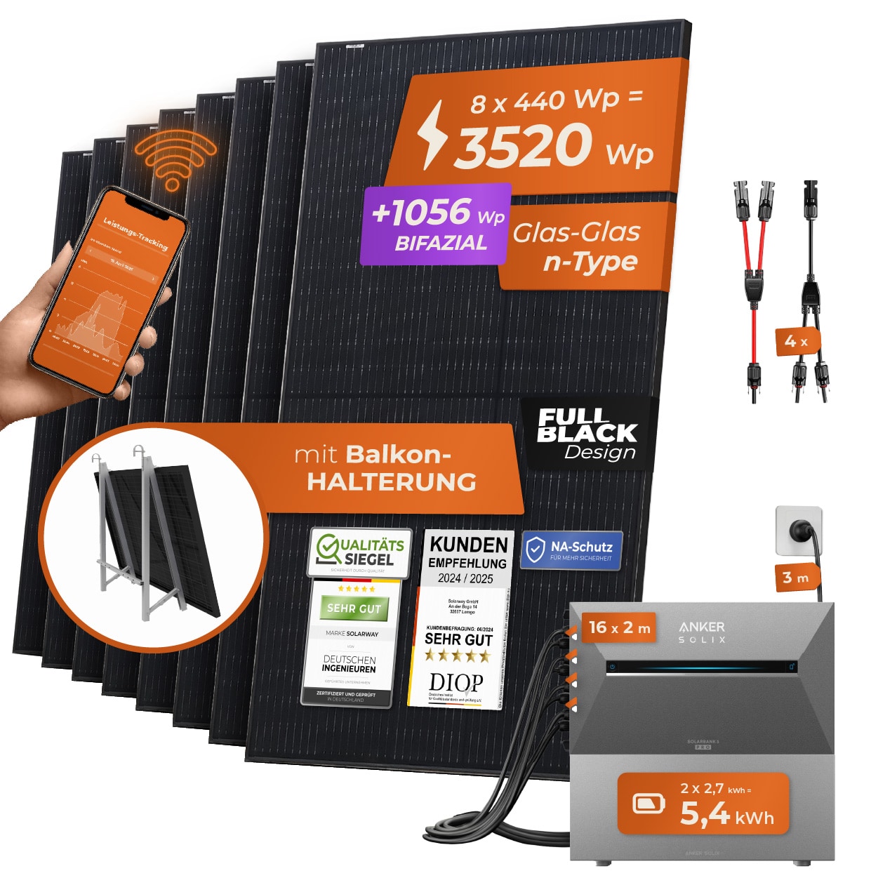 Solarway&reg; All In One Balkonkraftwerk mit Speicher 3560W komplett Steckdose - 5,4 kWh Anker SOLIX 3 PRO Speicher - Solaranlage Komplettset - 445W bifaziale Solarmodule & Anker Speicher & Zubeh&ouml;r - Bild 1