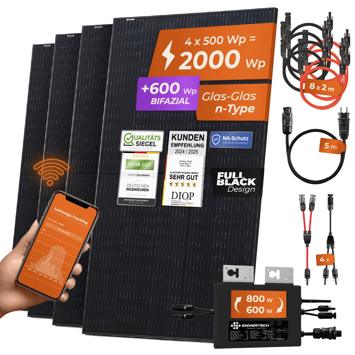 Solarway&reg; Balkonkraftwerk 2000W / 800W komplett Steckdose - neuester 800W Wechselrichter - Solaranlage Komplettset - 500W bifaziale Solarmodule & Envertech & Zubeh&ouml;r - Bild 1