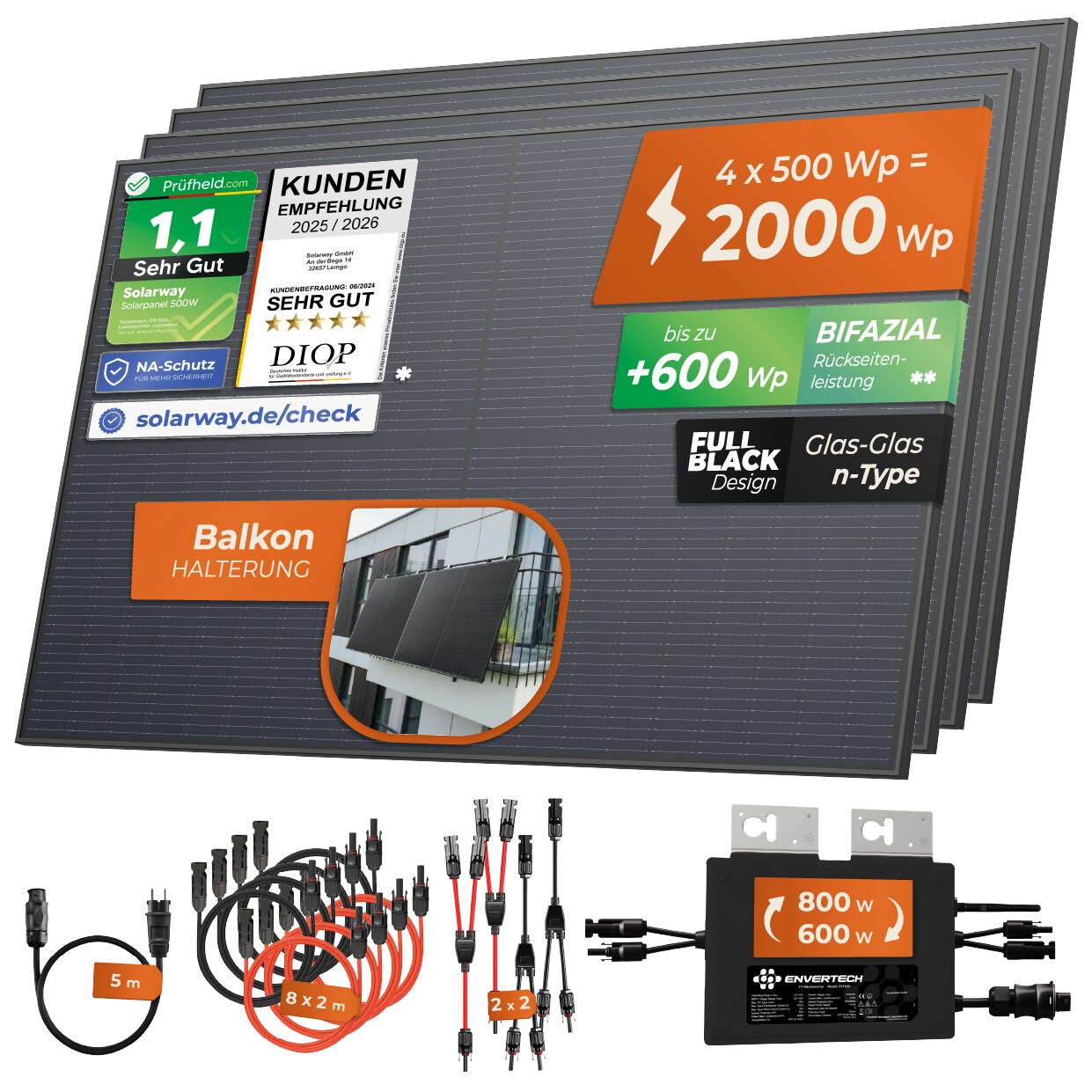 Solarway&reg; Balkonkraftwerk 2000W / 800W komplett Steckdose - neuester 800W Wechselrichter - Solaranlage Komplettset - 500W bifaziale Solarmodule & Envertech & Zubeh&ouml;r - Bild 1