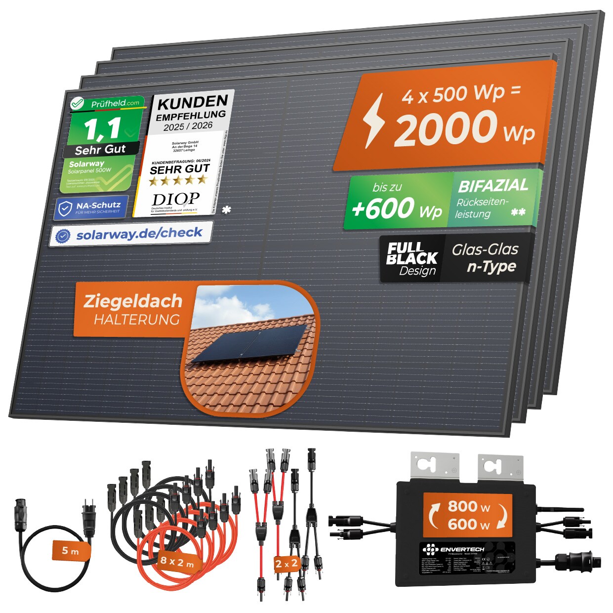 Solarway&reg; Balkonkraftwerk 2000W / 800W komplett Steckdose - neuester 800W Wechselrichter - Solaranlage Komplettset - 500W bifaziale Solarmodule & Envertech & Zubeh&ouml;r - Bild 1