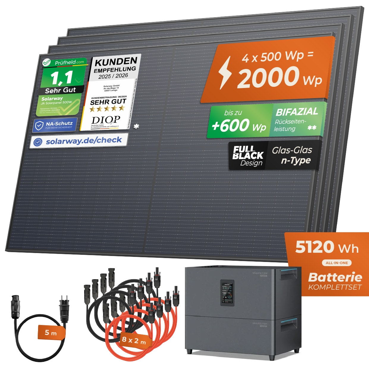Solarway&reg; All In One Balkonkraftwerk mit Speicher 2000W komplett Steckdose - 5,1 kWh Marstek Jupiter E Speicher - Solaranlage Komplettset - 500W bifaziale Solarmodule & Marstek Speicher - Bild 1