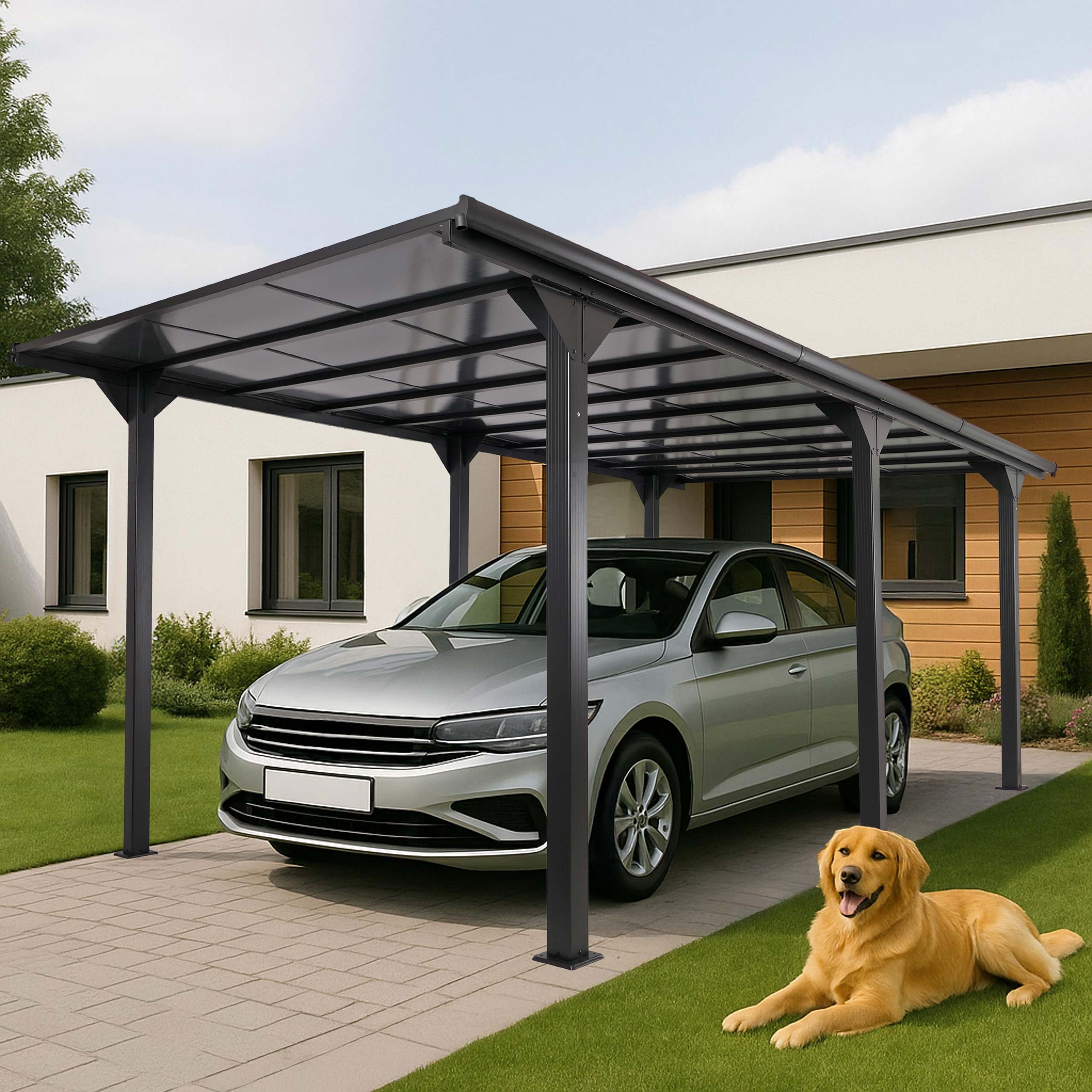 Alu-Carport MCW-O23, Auto&uuml;berdachung Garage Unterstand, 10cm-Gestell Polycarbonat-Dach Regenrinne, 3x6m ~ anthrazit - Bild 1