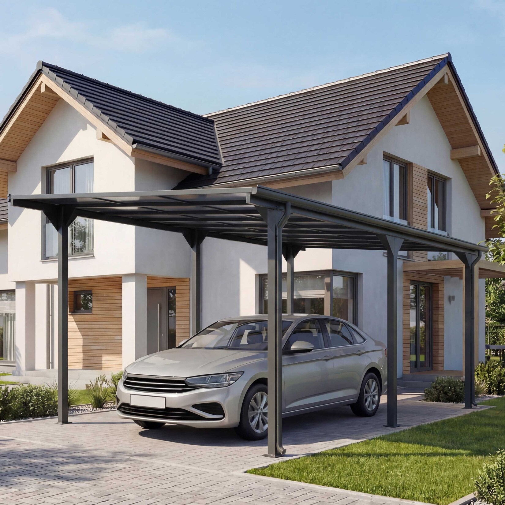 Alu-Carport -O23, Autoüberdachung Garage Unterstand, 10cm-Gestell Polycarbonat-Dach Regenrinne, 3x6m ~ anthrazit