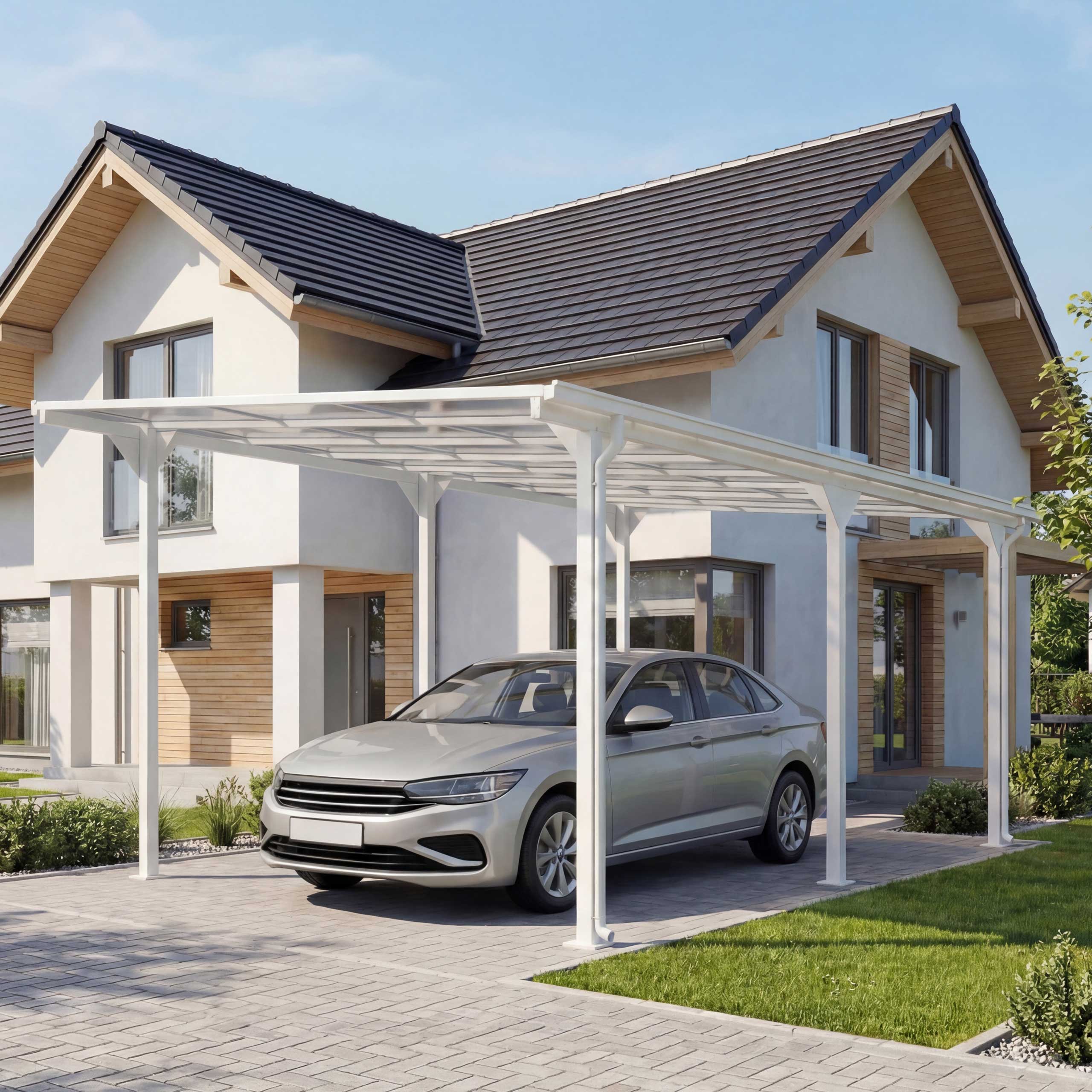 Alu-Carport MCW-O23, Auto&uuml;berdachung Garage Unterstand, 10cm-Gestell Polycarbonat-Dach Regenrinne, 3x6m ~ wei&szlig; - Bild 1