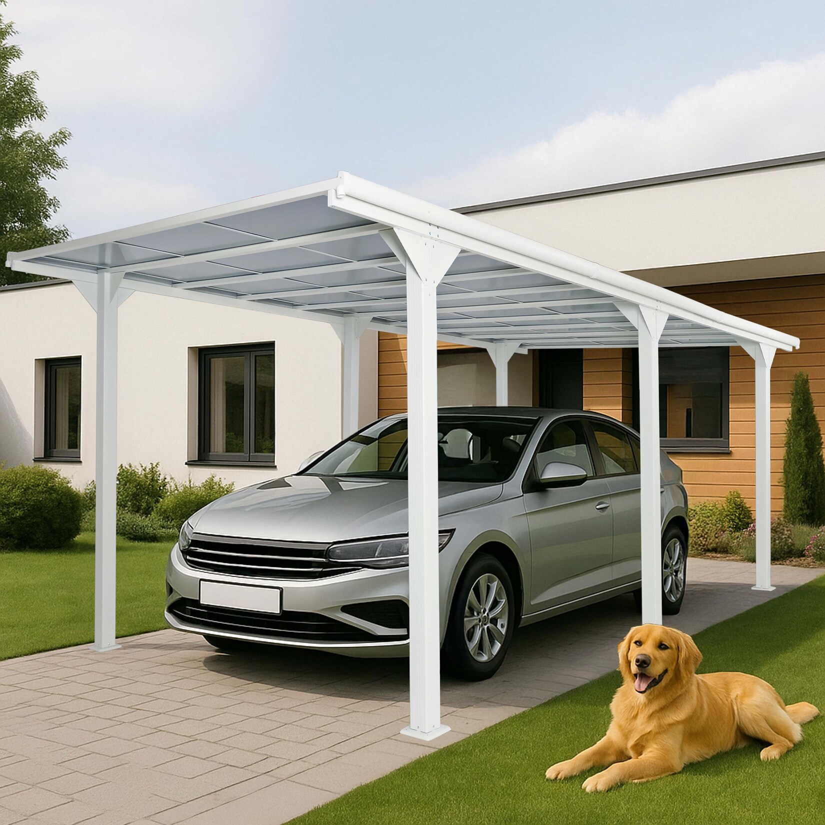 Alu-Carport MCW-O23, Autoüberdachung Garage Unterstand, 10cm-Gestell Polycarbonat-Dach Regenrinne, 3x6m ~ weiß | 04057651742175