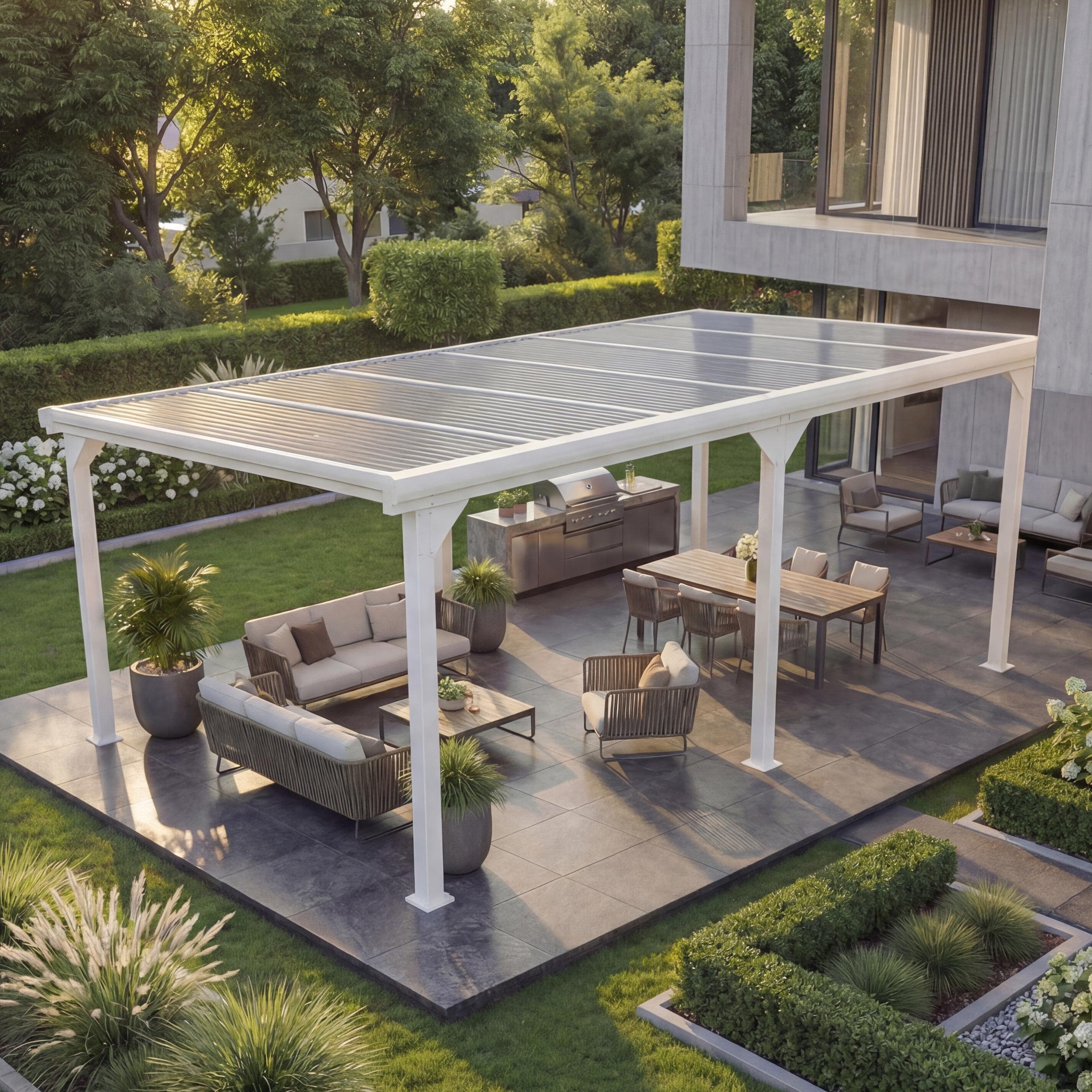 Alu-Pergola MCW-O23, Pavillon Terrassen&uuml;berdachung, stabiles 10cm-Gestell Polycarbonat-Dach Regenrinne 3x6m ~ wei&szlig; - Bild 1