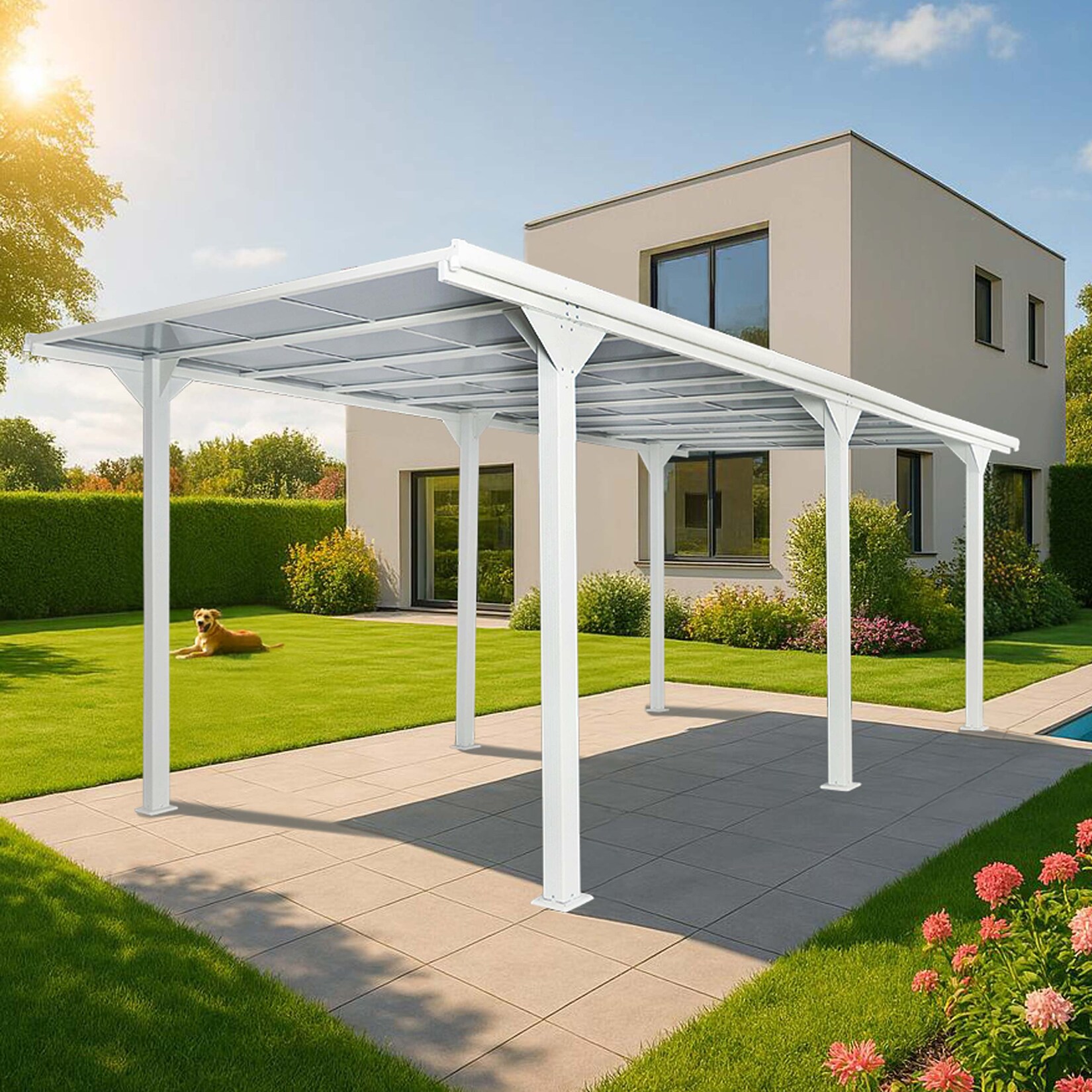 Alu-Pergola MCW-O23, Pavillon Terrassenüberdachung, stabiles 10cm-Gestell Polycarbonat-Dach Regenrinne 3x6m ~ weiß | 04057651741833