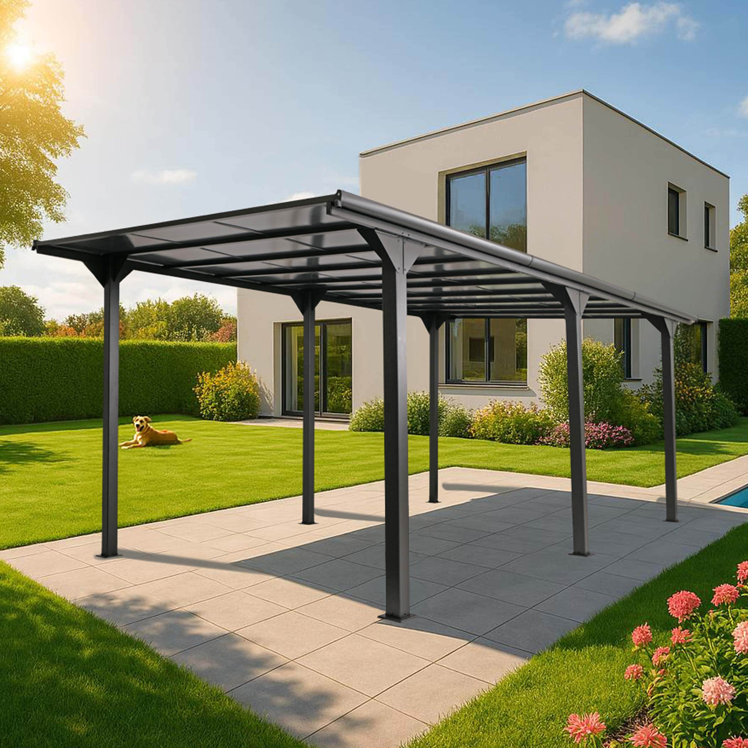 Alu-Pergola MCW-O23, Pavillon Terrassen&uuml;berdachung, stabiles 10cm-Gestell Polycarbonat-Dach Regenrinne 3x6m ~ anthrazit - Bild 1