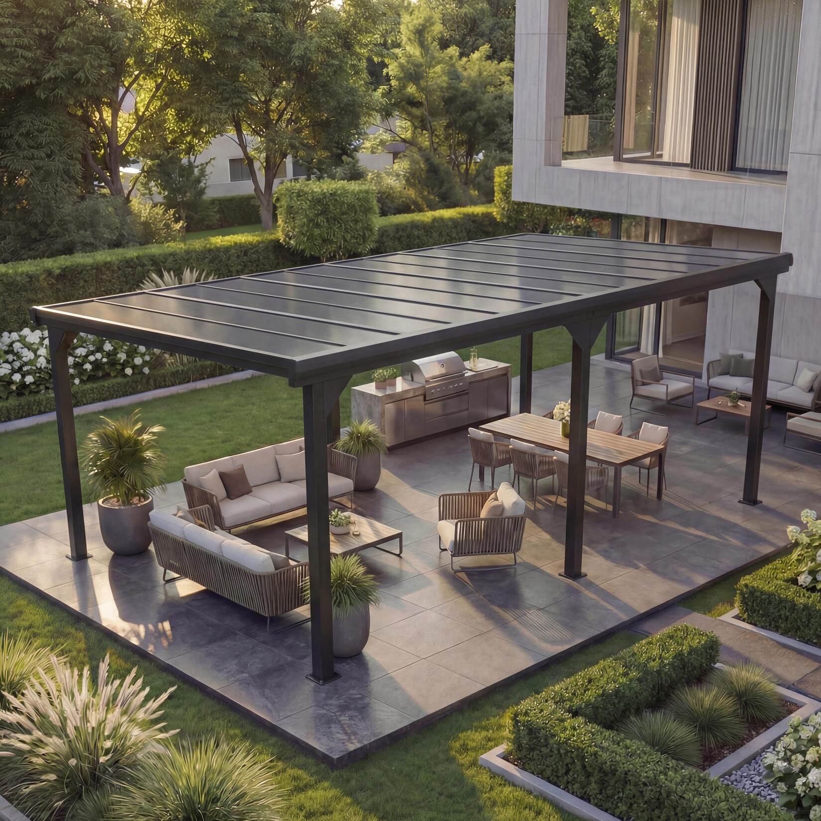 Alu-Pergola -O23, Pavillon Terrassenüberdachung, stabiles 10cm-Gestell Polycarbonat-Dach Regenrinne 3x6m ~ anthrazit