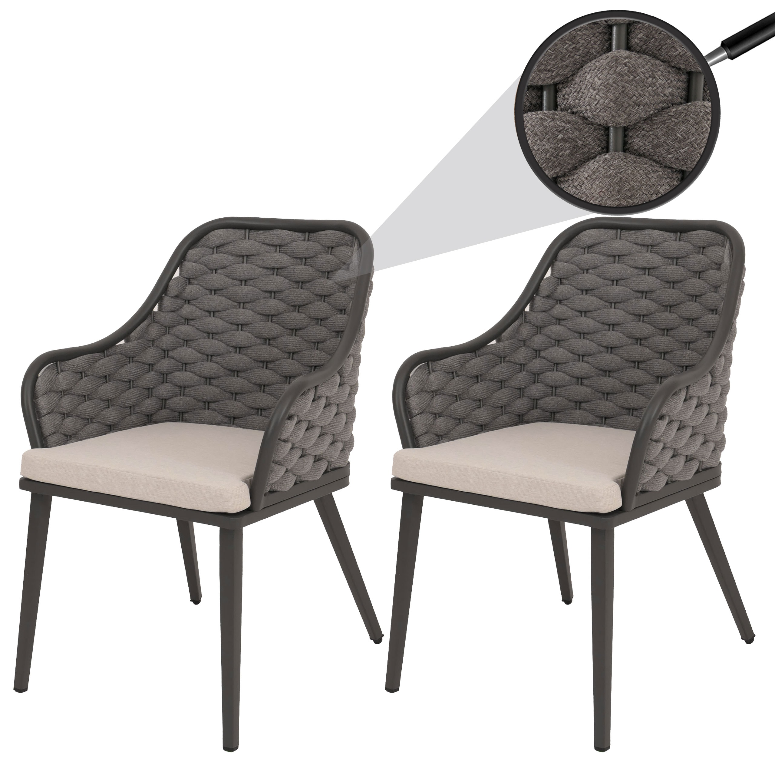 2er-Set Aluminium-Gartenstuhl MCW-O16, Outdoor Stuhl Armlehne, Olefin Seilgeflecht Rope ~ anthrazit Kissen taupe - Bild 1