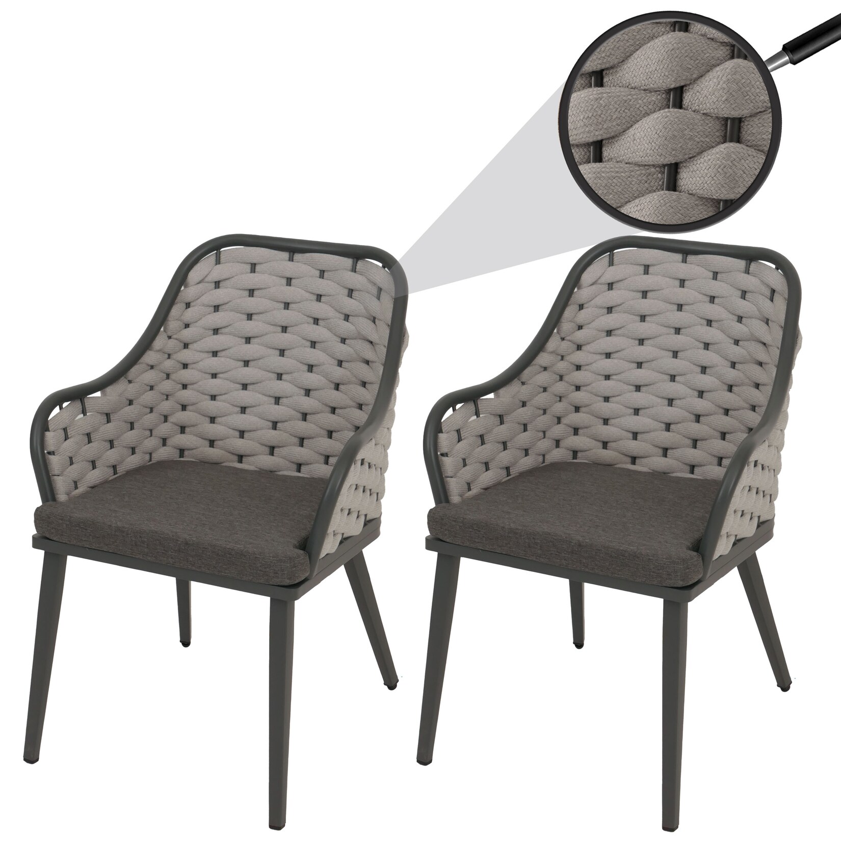 2er-Set Aluminium-Gartenstuhl MCW-O16, Outdoor Stuhl Armlehne, Olefin Seilgeflecht Rope ~ hellgrau Kissen dunkelgrau