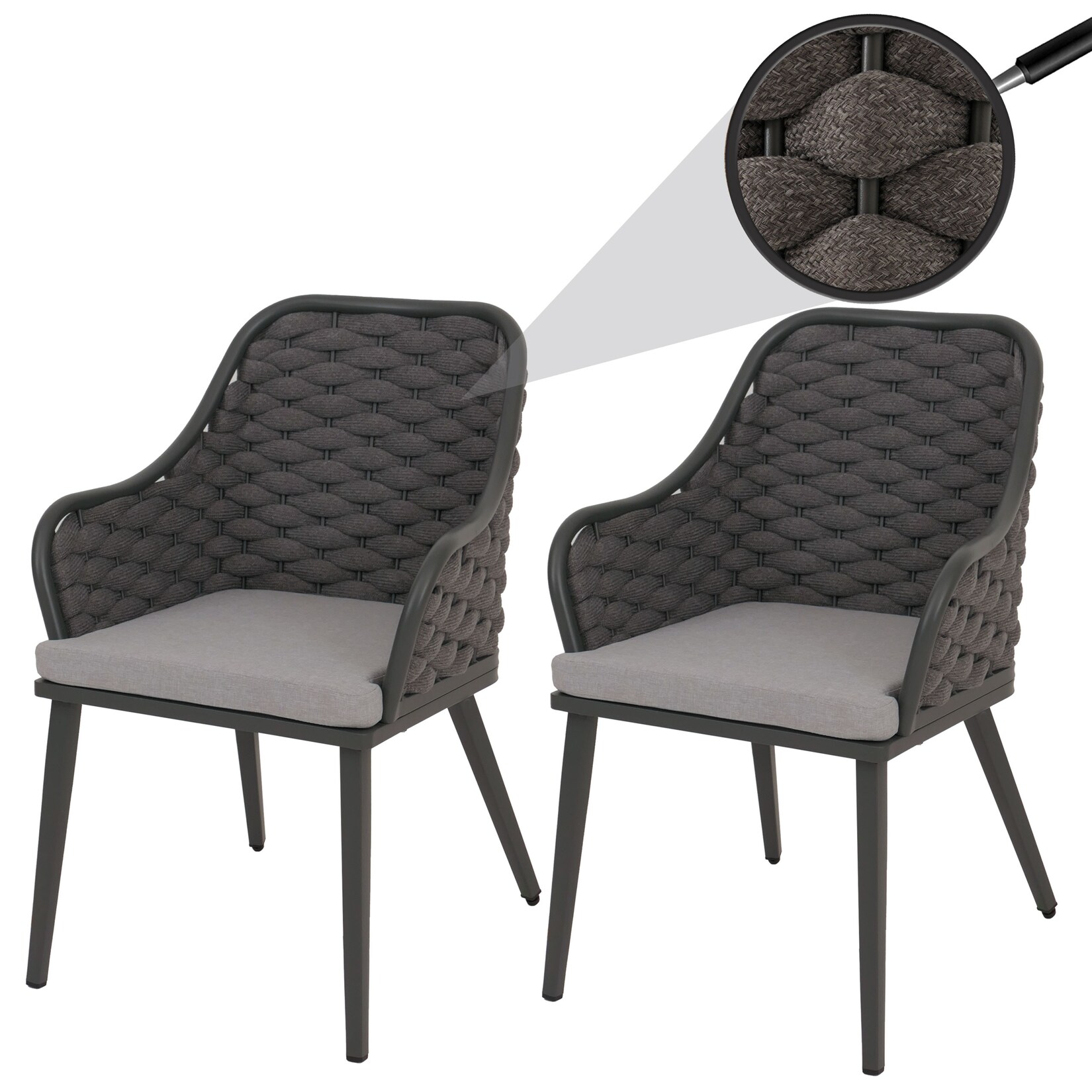 2er-Set Aluminium-Gartenstuhl MCW-O16, Outdoor Stuhl Armlehne, Olefin Seilgeflecht Rope ~ anthrazit Kissen hellgrau