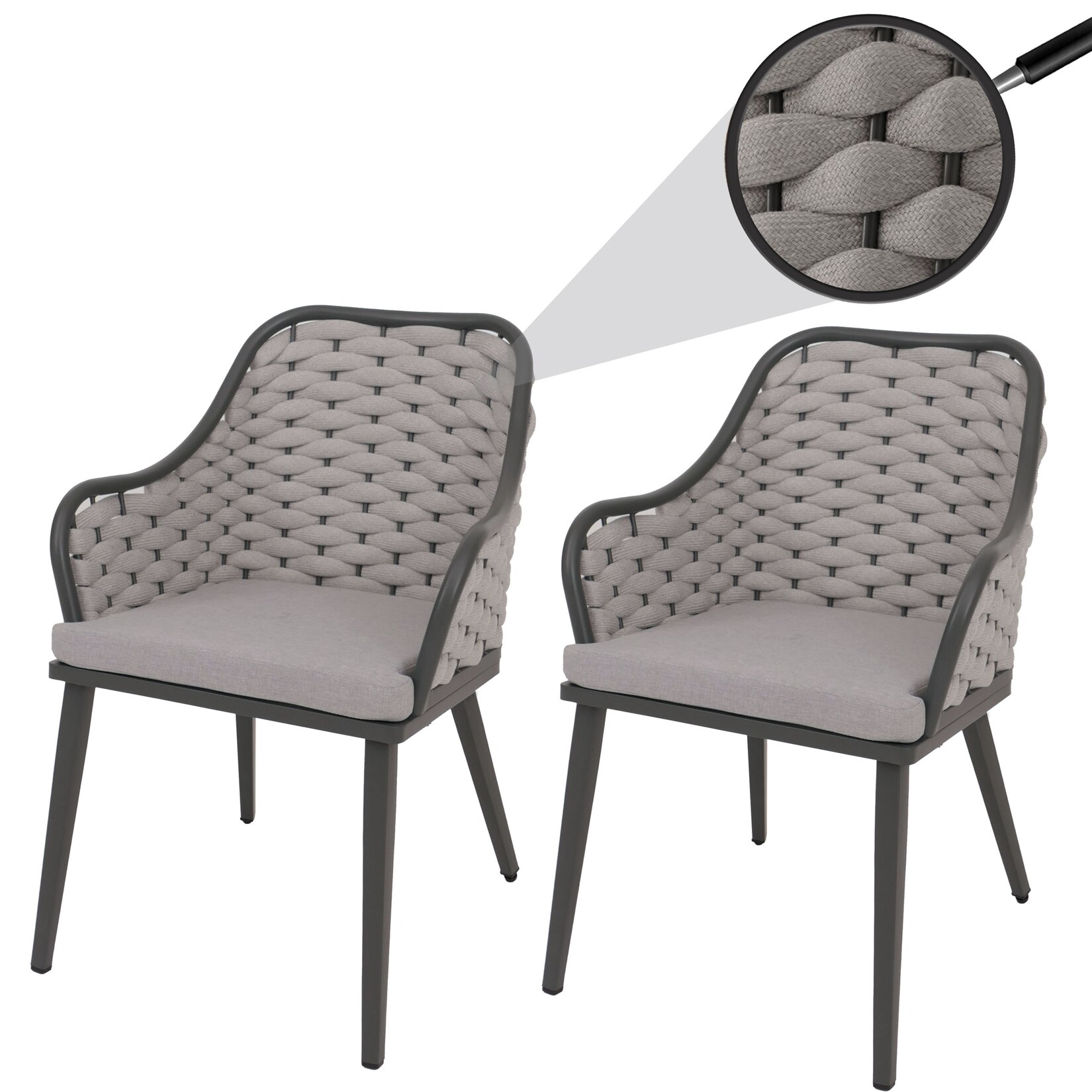 2er-Set Aluminium-Gartenstuhl MCW-O16, Outdoor Stuhl Armlehne, Olefin Seilgeflecht Rope ~ hellgrau Kissen hellgrau