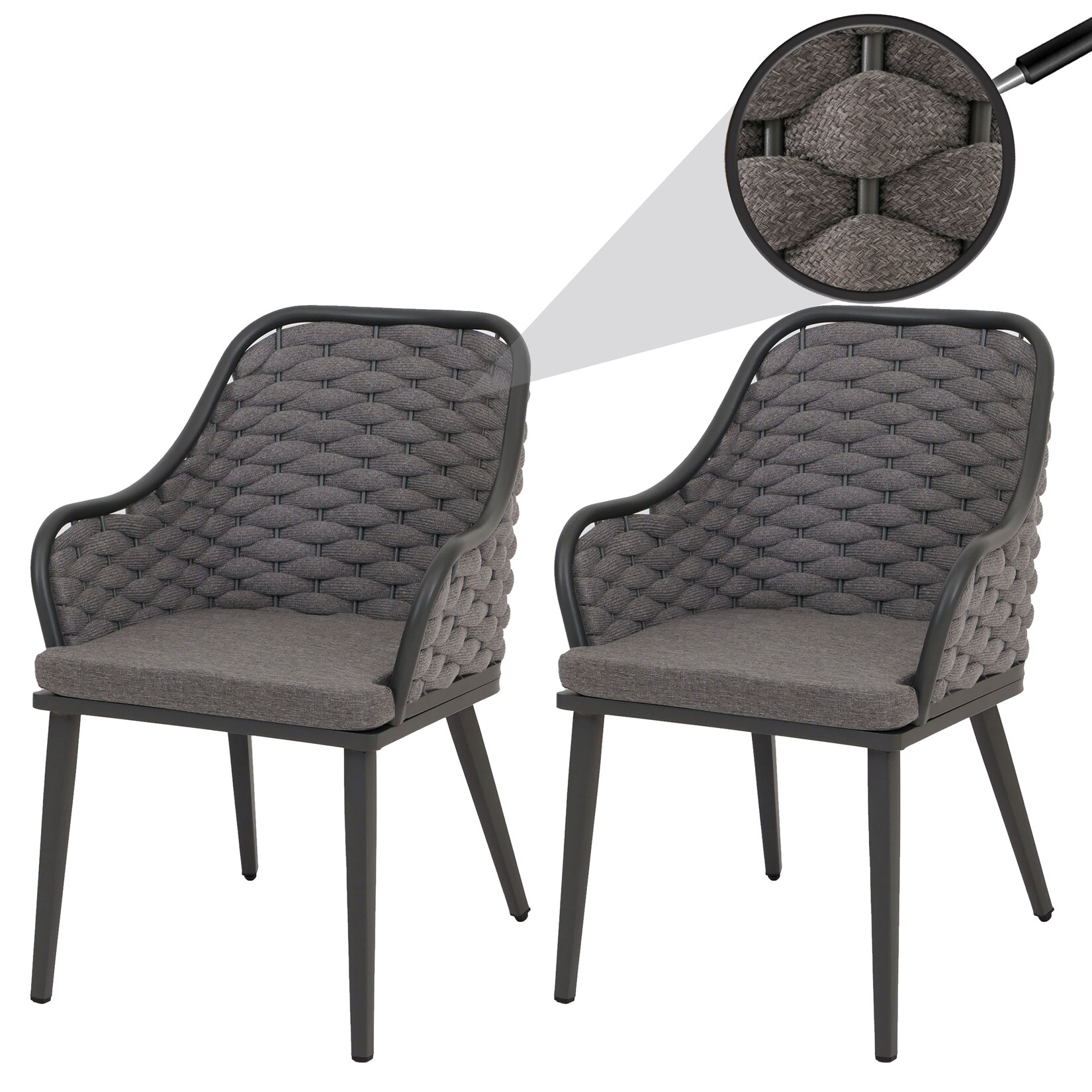 2er-Set Aluminium-Gartenstuhl MCW-O16, Outdoor Stuhl Armlehne, Olefin Seilgeflecht Rope ~ anthrazit Kissen dunkelgrau