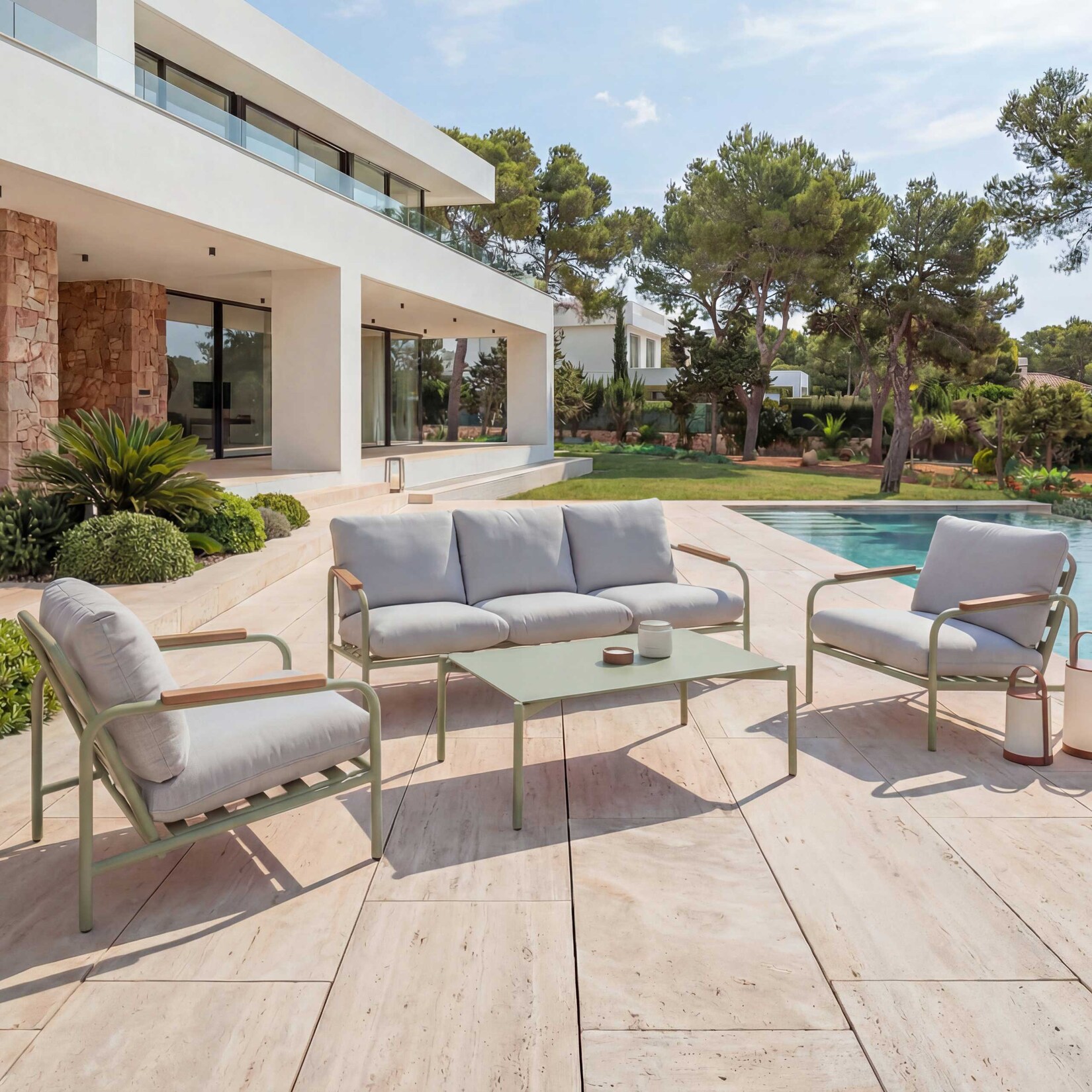 Aluminium-Gartengarnitur MCW-O11, Outdoor 3-Sitzer Sitzbank Sessel Sofa, Olefin (205 g/m²) ~ hellgrün Polster beige | 04057651740607