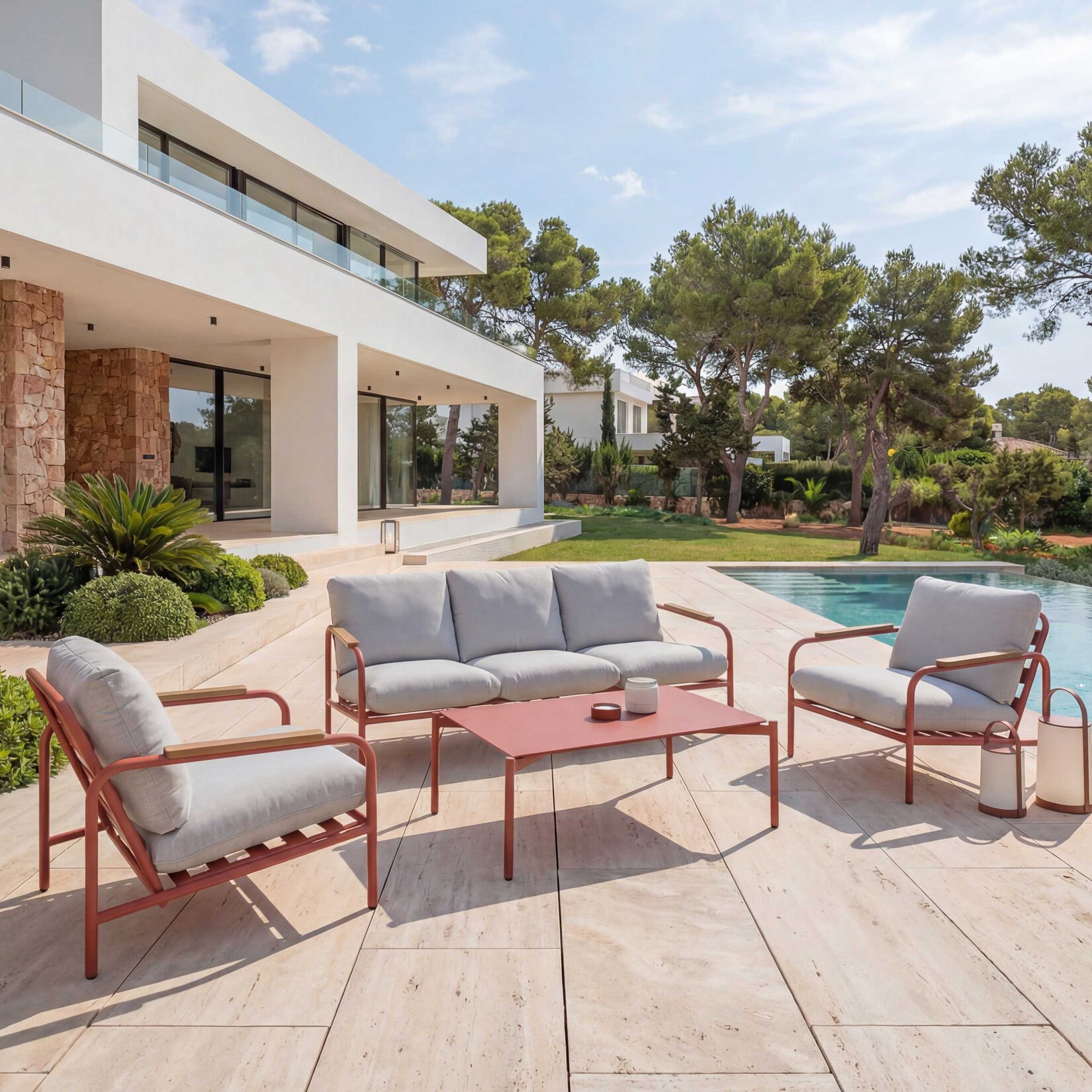 Aluminium-Gartengarnitur MCW-O11, Outdoor 3-Sitzer Sitzbank Sessel Sofa, Olefin (205 g/m²) ~ terrakotta Polster beige | 04057651740669