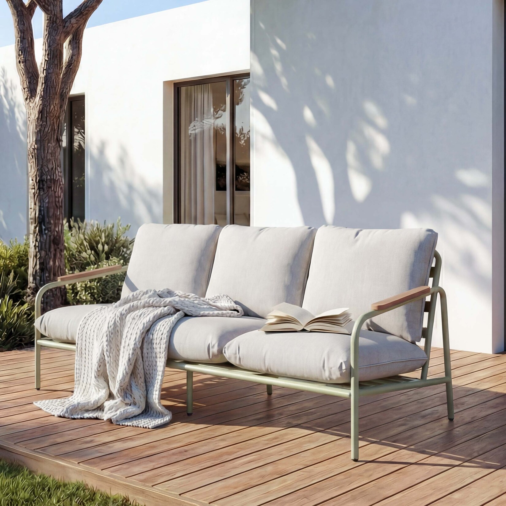 Aluminium-Gartenbank MCW-O11, Outdoor 3-Sitzer Sitzbank Sofa, Olefin Stoff (205 g/m²) 184cm ~ hellgrün Polster beige