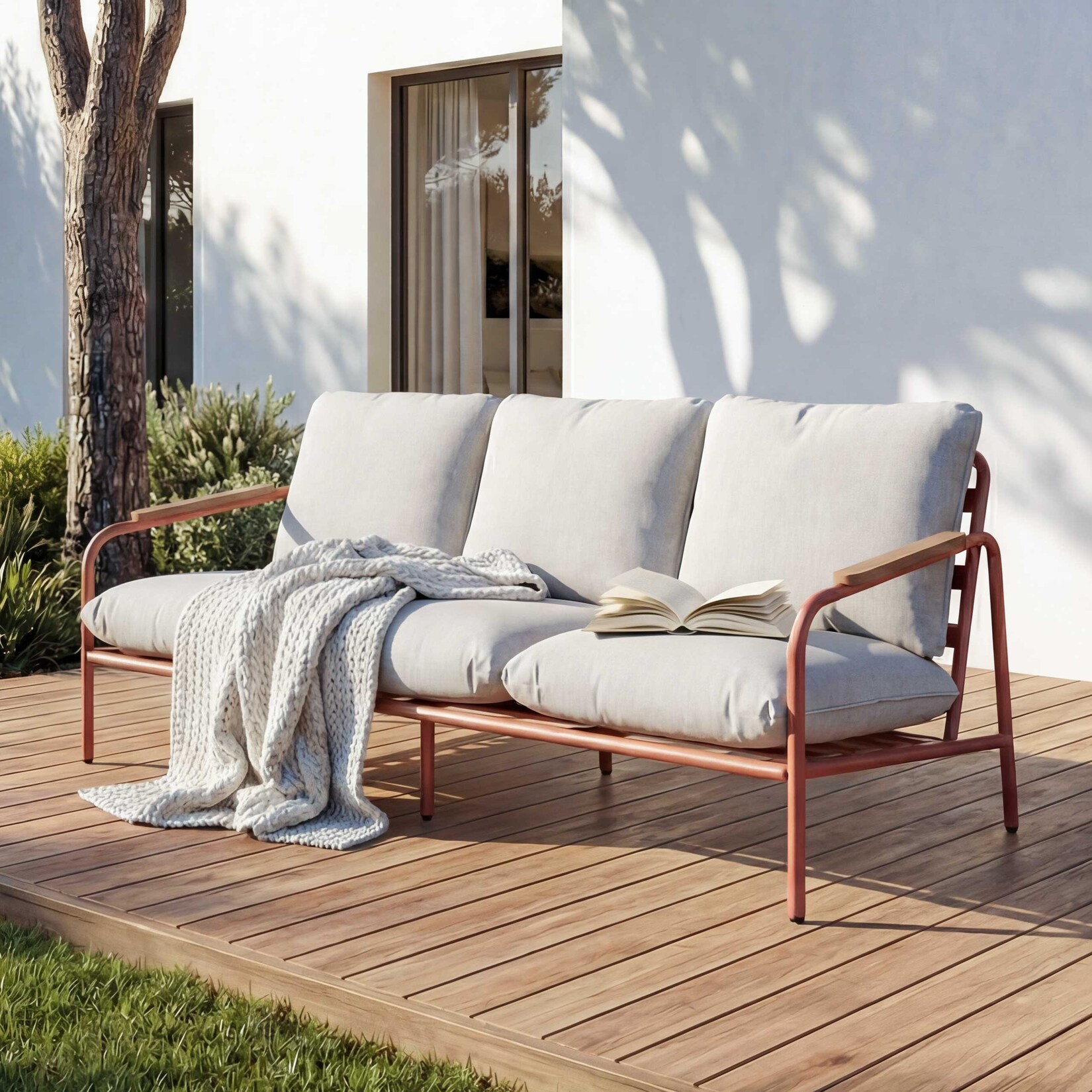 Aluminium-Gartenbank MCW-O11, Outdoor 3-Sitzer Sitzbank Sofa, Olefin Stoff (205 g/m²) 184cm ~ terrakotta Polster beige