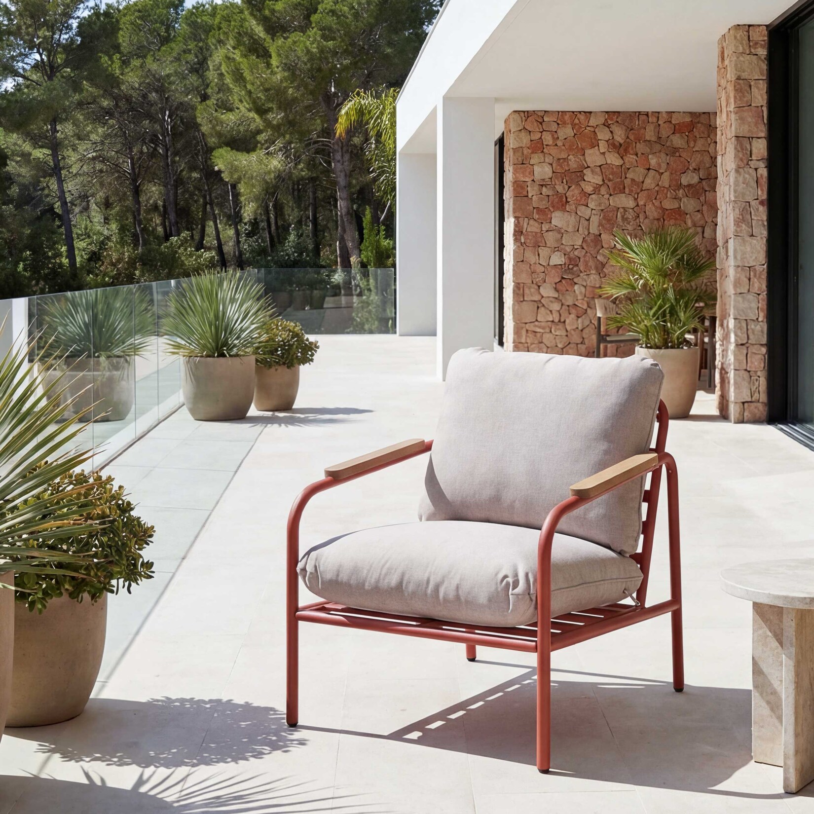 Aluminium-Gartensessel MCW-O11, Outdoor Stuhl Gartenstuhl, Olefin Stoff/Textil (205 g/m²) ~ terrakotta Polster beige