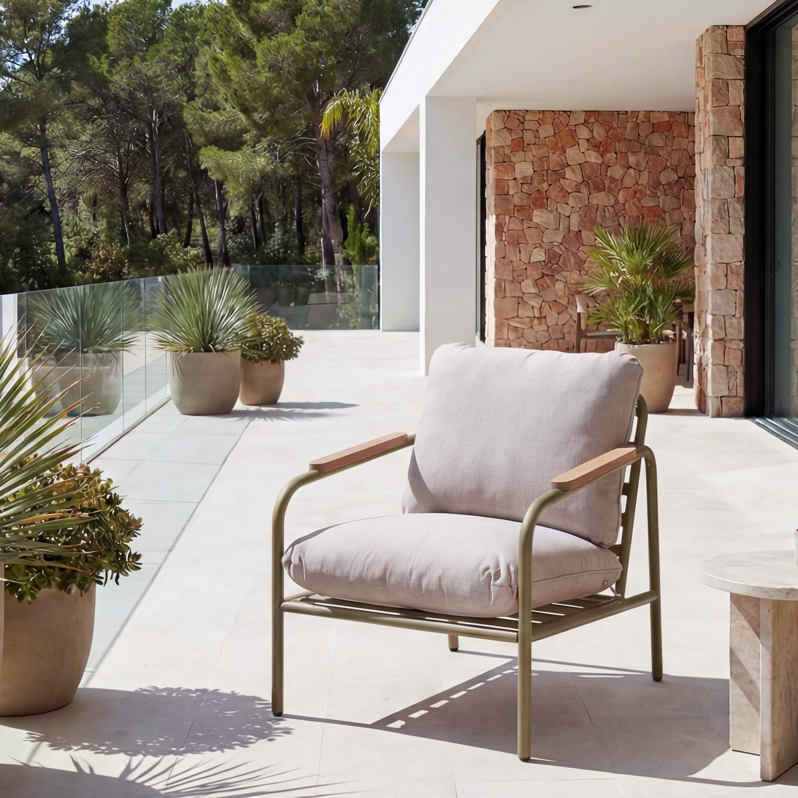 Aluminium-Gartensessel MCW-O11, Outdoor Stuhl Gartenstuhl, Olefin Stoff/Textil (205 g/m&sup2;) ~ hellgr&uuml;n Polster beige - Bild 1