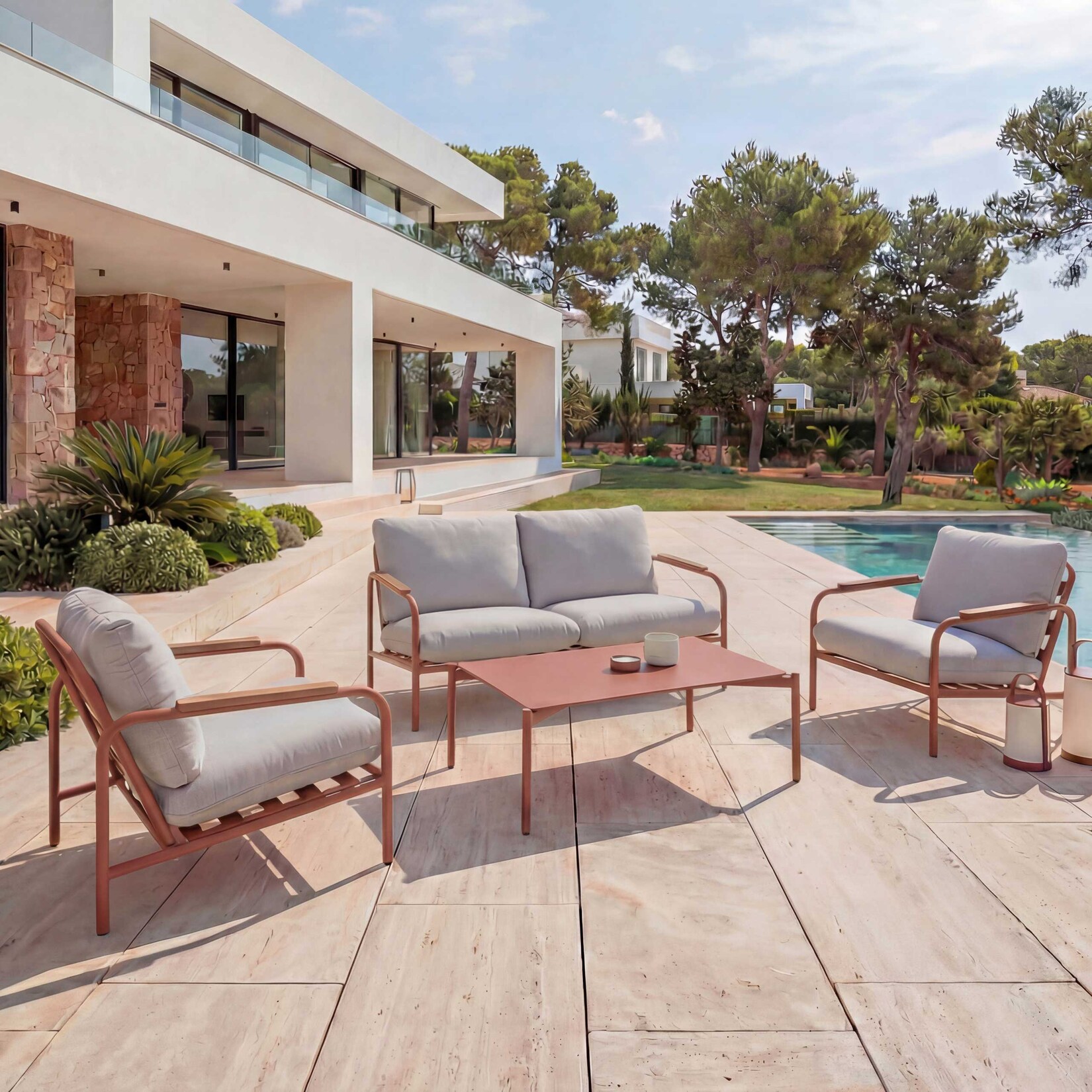 Aluminium-Gartengarnitur MCW-O11, Outdoor 2-Sitzer Sitzbank Sessel Sofa, Olefin (205 g/m²) ~ terrakotta Polster beige | 04057651738123