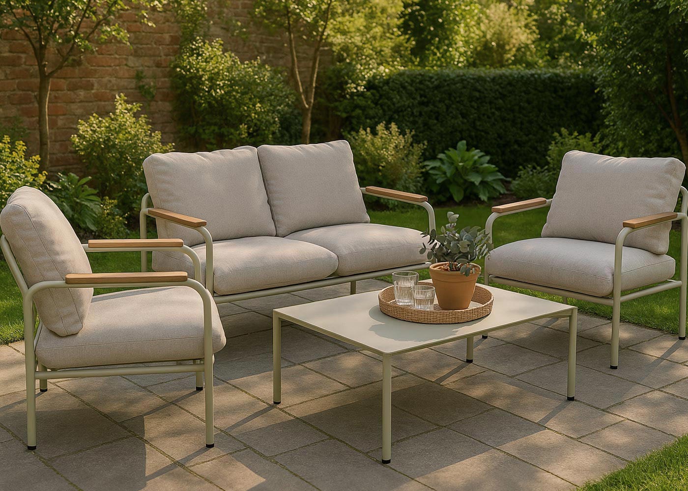 Aluminium-Gartengarnitur MCW-O11, Outdoor 2-Sitzer Sitzbank Sessel Sofa, Olefin (205 g/m&sup2;) ~ hellgr&uuml;n Polster beige - Bild 1