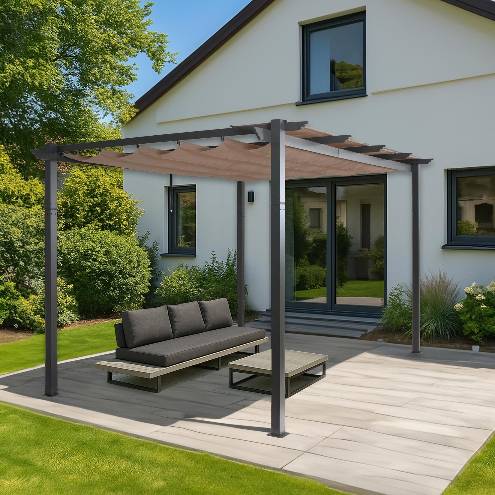 Aluminium Pergola MCW-N93, Gartenpavillon Pavillon Garten, stabiles 8cm-Gestell Schiebedach UV50+ 3x4m ~ taupe