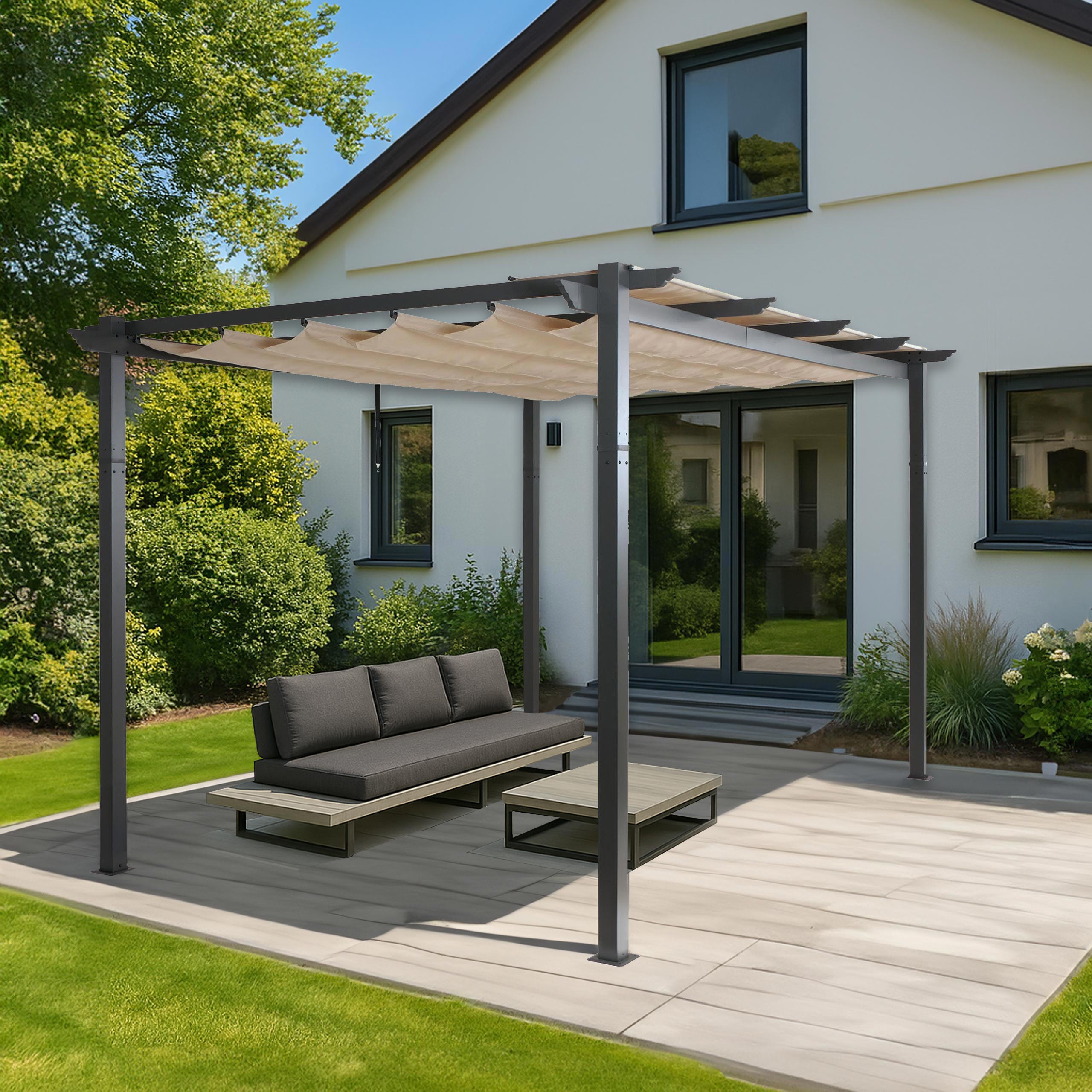 Aluminium Pergola MCW-N93, Gartenpavillon Pavillon Garten, stabiles 8cm-Gestell Schiebedach UV50+ 3x4m ~ creme-beige - Bild 1