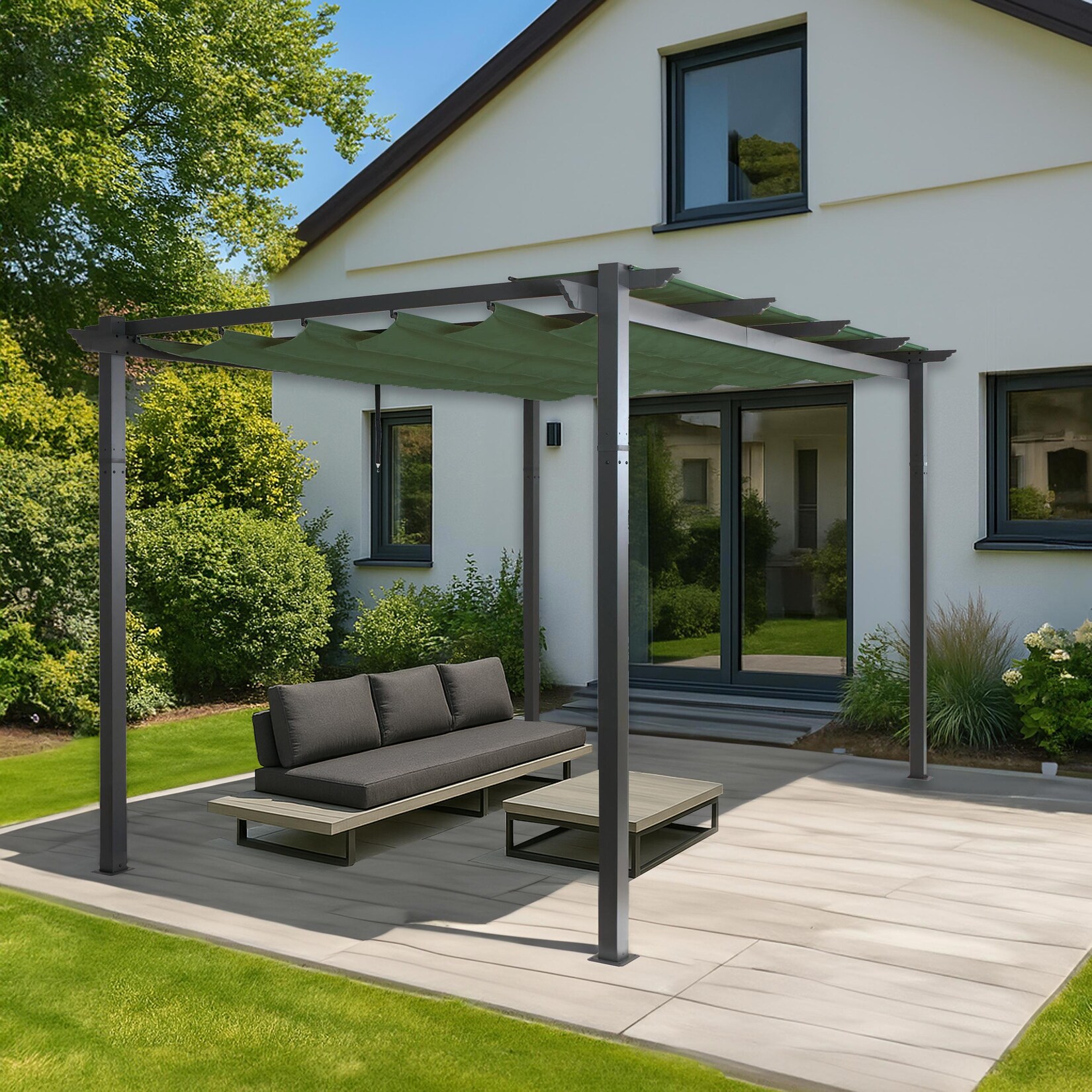 Aluminium Pergola MCW-N93, Gartenpavillon Pavillon Garten, stabiles 8cm-Gestell Schiebedach UV50+ 3x4m ~ grün