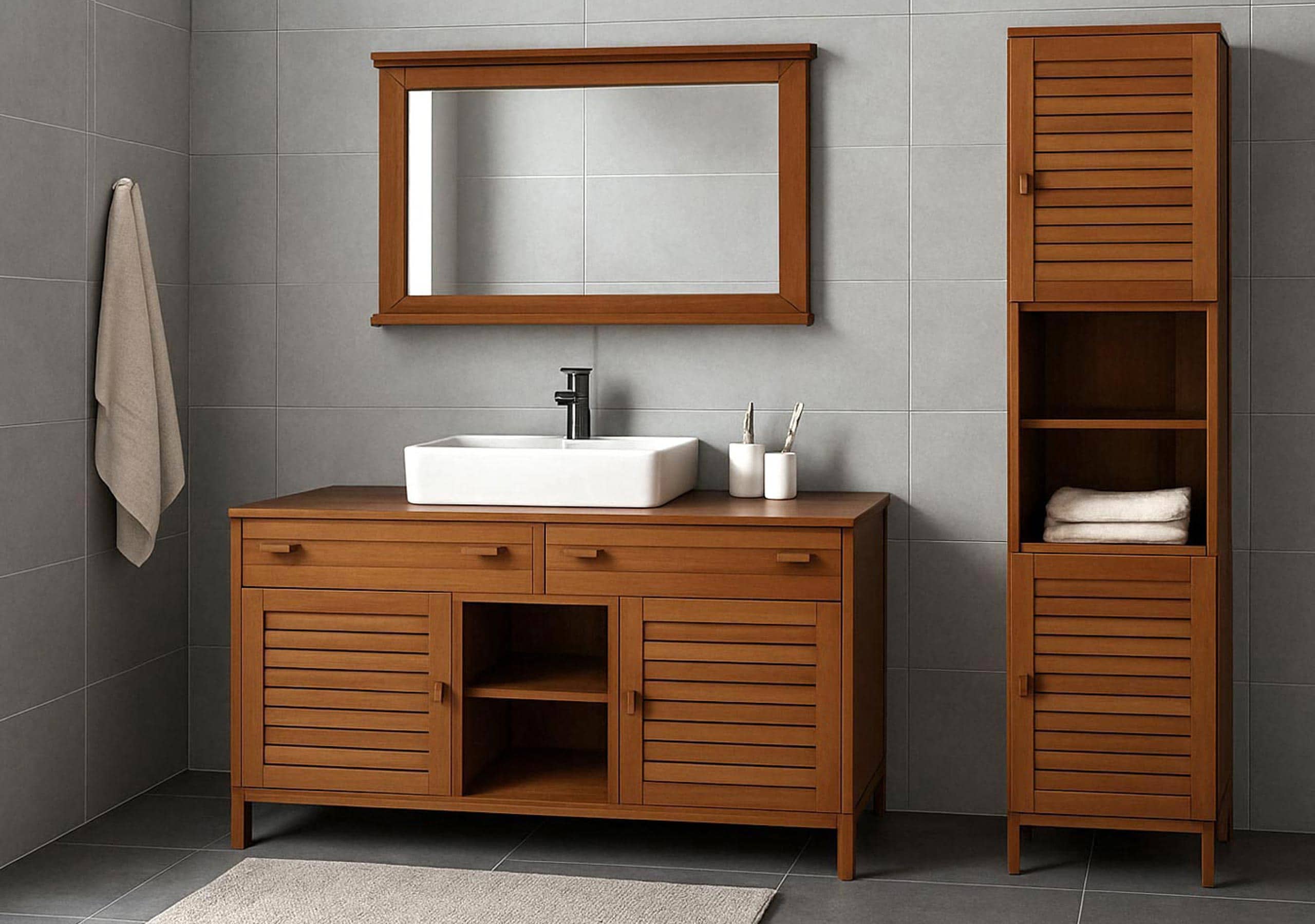 Teak-Badezimmer-Set MCW-M87, Waschtisch Hochschrank Wandspiegel Badezimmer, hochwertiges B-Grade-Teak - Bild 1