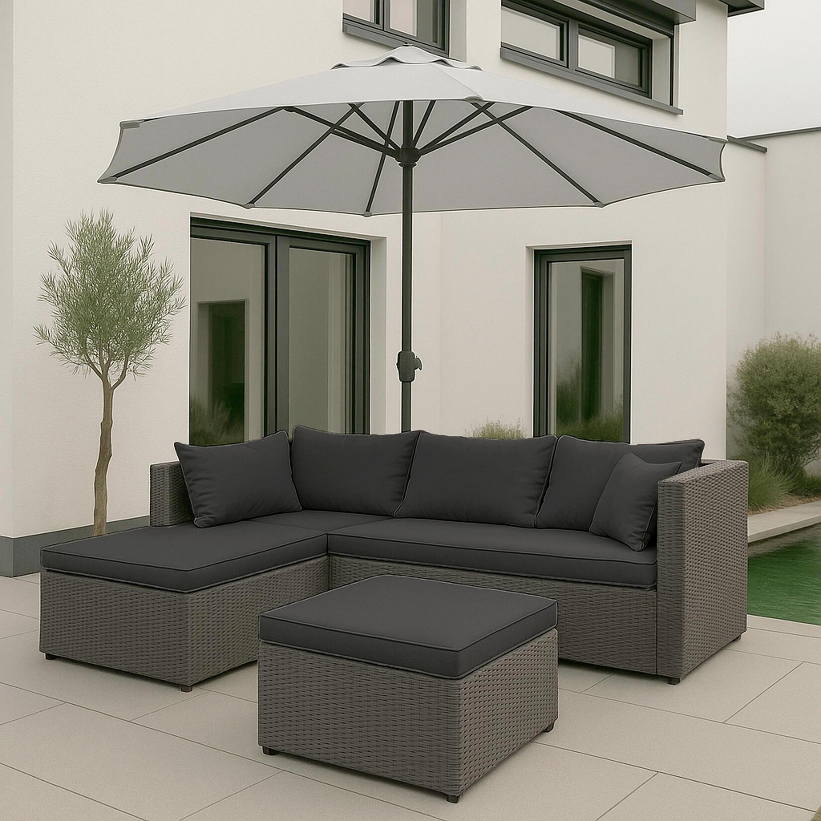 Poly-Rattan Garnitur MCW-O46, Balkon-/Garten-/Lounge-Set Sofa Sitzgruppe ~ grau Polster dunkelgrau