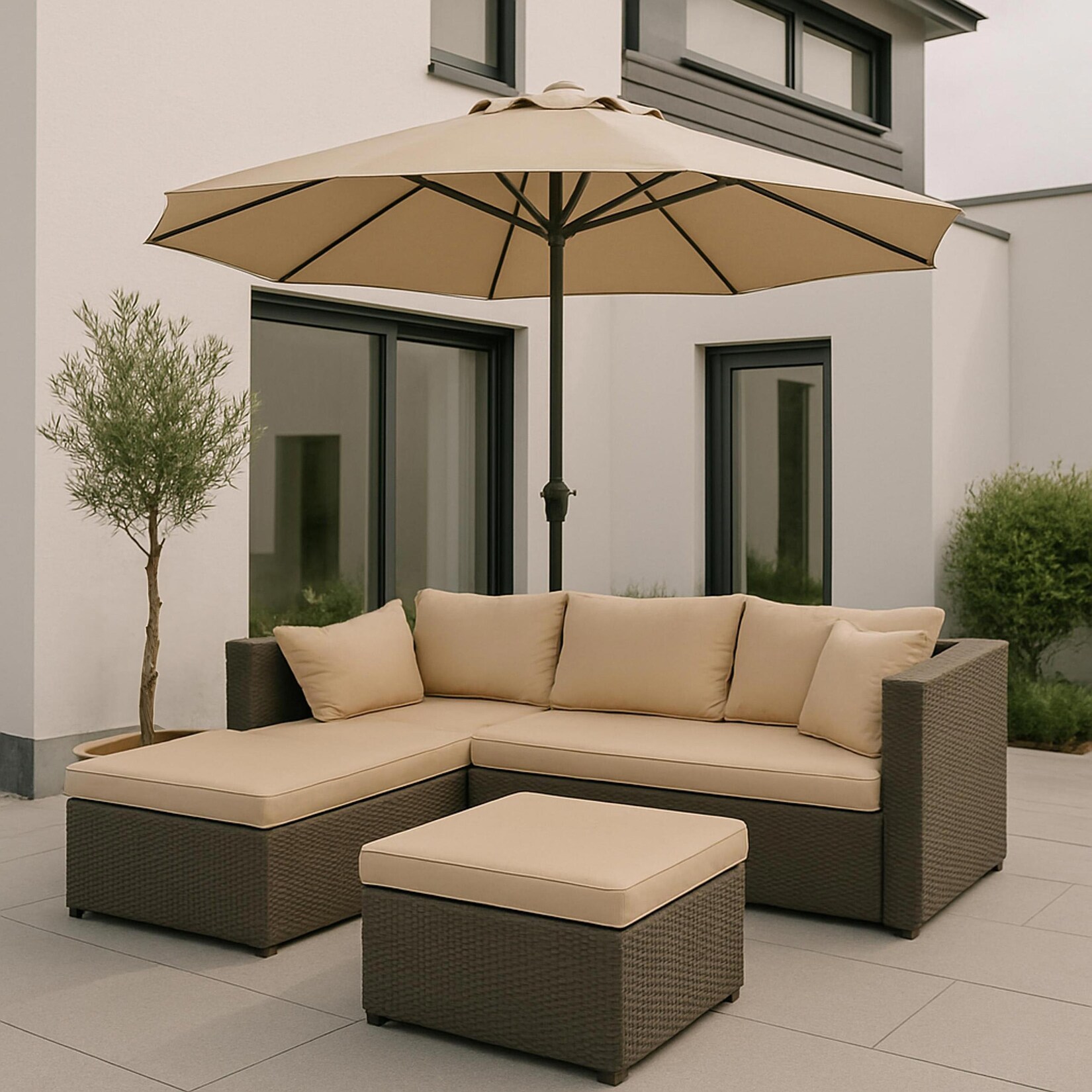 Poly-Rattan Garnitur MCW-O46, Balkon-/Garten-/Lounge-Set Sofa Sitzgruppe ~ grau Polster beige