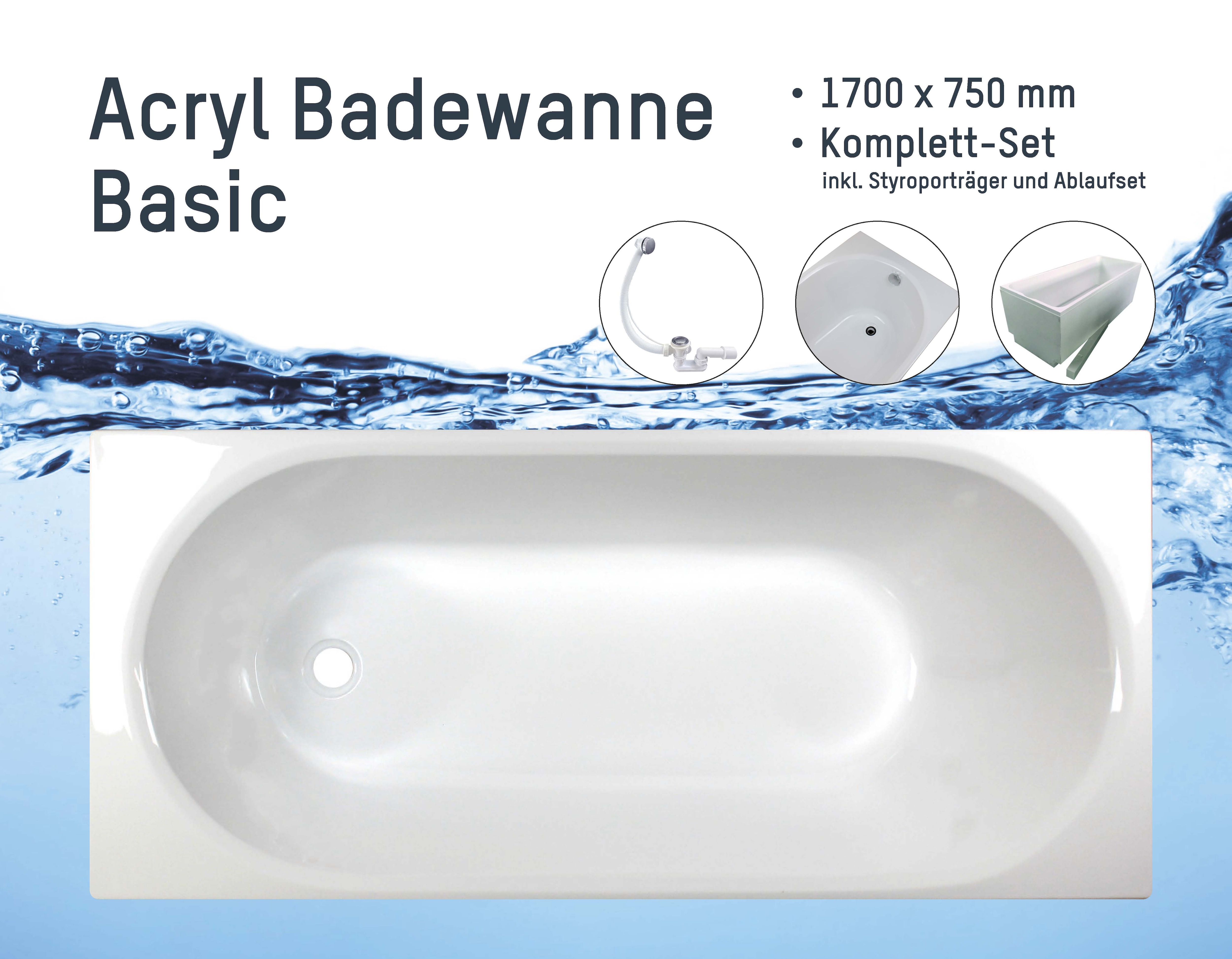 sanicomfort Badewanne Komplettset Basic Rechteck 170x75 cm mit Wannentr&auml;ger und Ablaufgarnitur, Acryl-Badewanne, wei&szlig;, 1700 x 750 mm - Bild 1