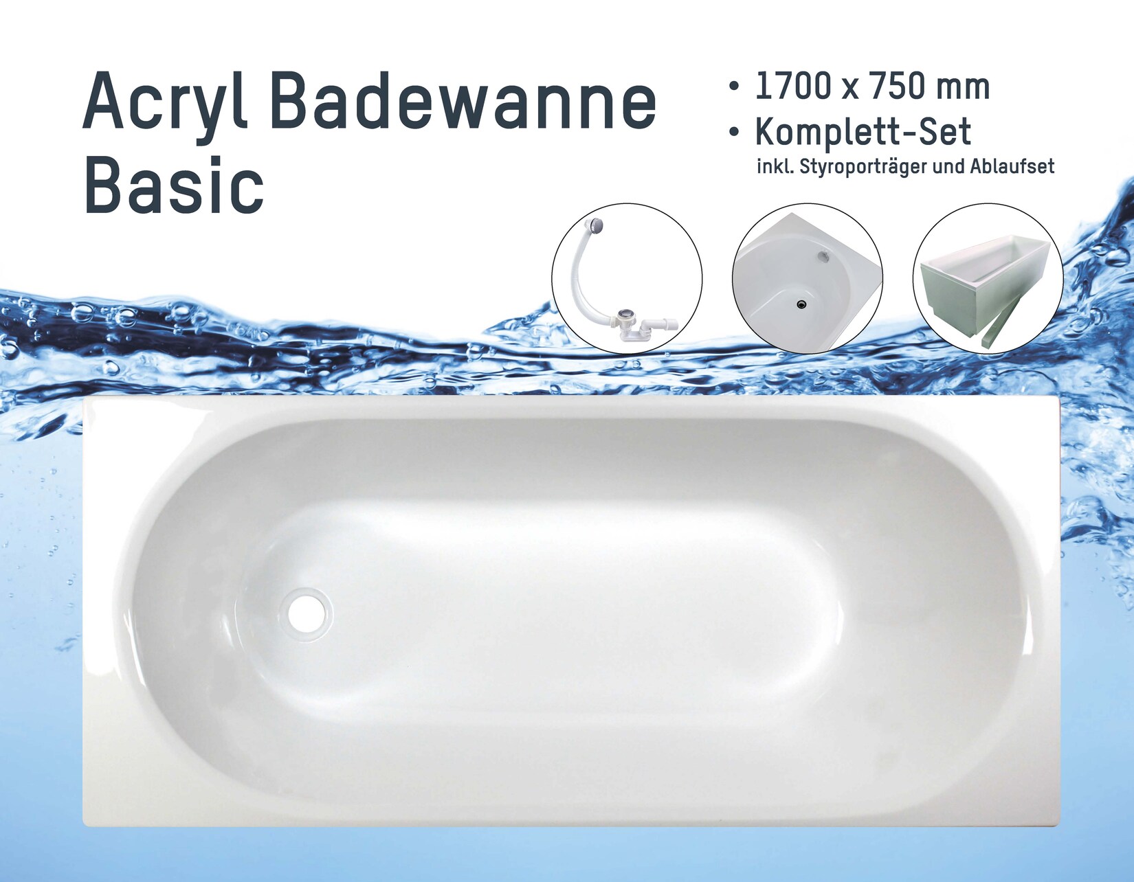sanicomfort Badewanne Komplettset Basic Rechteck 170x75 cm mit Wannenträger und Ablaufgarnitur, Acryl-Badewanne, weiß, 1700 x 750 mm