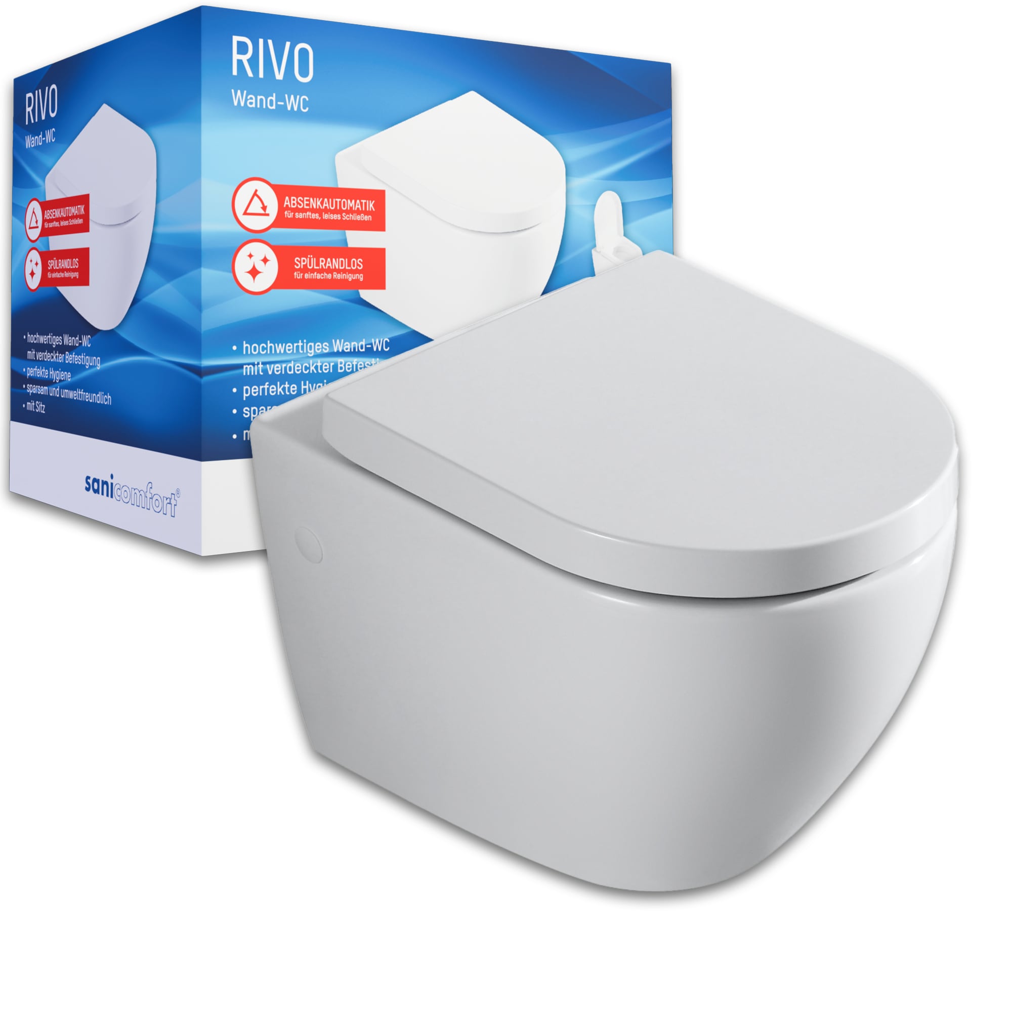 sanicomfort H&auml;nge WC Rivo &ndash; Sp&uuml;lrandloses Wand-WC Set mit Absenkautomatik, Tiefsp&uuml;ler, Softclose WC-Sitz aus Duroplast, verdeckte Befestigung, hygienisch & pflegeleicht - Bild 1