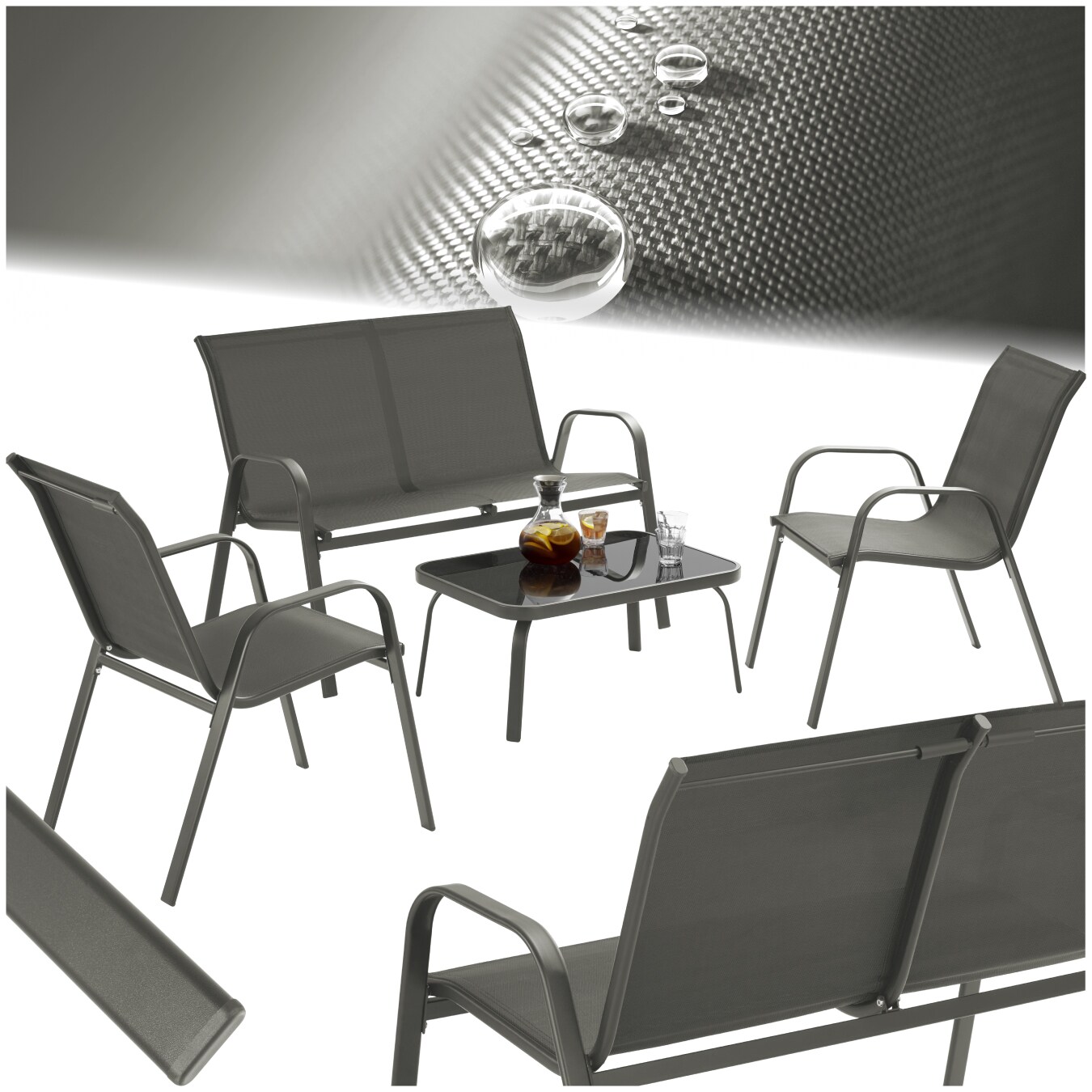 tectake® Sitzgruppe, für 4 Personen, pulverbeschichtete Stahlgestelle, mit getönter Sicherheitsglasplatte