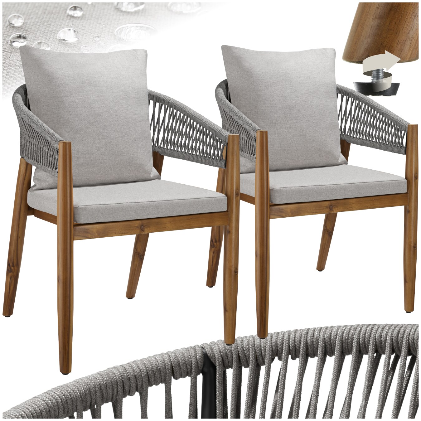 tectake® Gartenstuhl, lasiertes Akazienholz, wetterfest, wasserabweisende, abnehmbare Polyesterbezüge, höhenverstellbare Kunststofffüße | 04061173281425