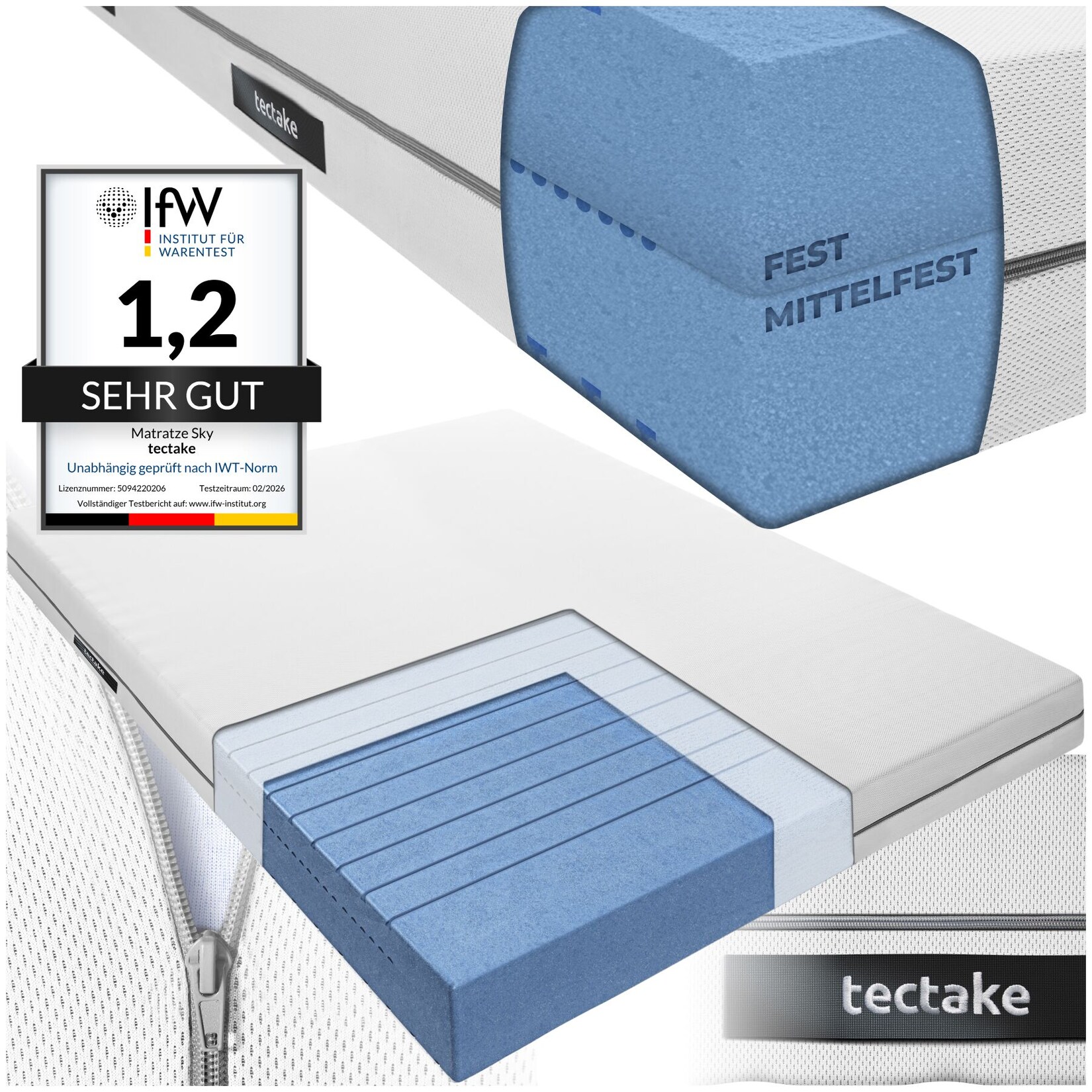 tectake® Matratze, verschiedene Größen, langlebig und formstabil, waschbarer Bezug aus atmungsaktivem 3D-Meshgewebe