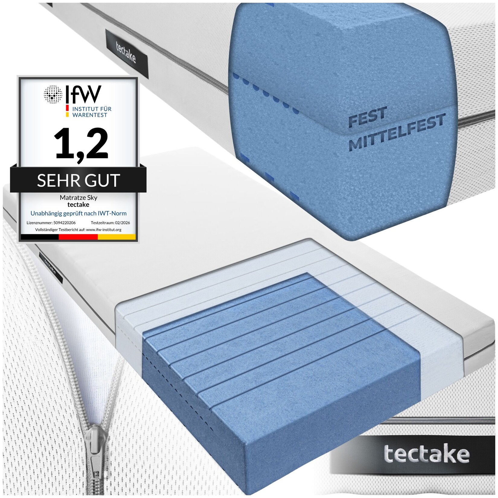 tectake® Matratze, verschiedene Größen, langlebig und formstabil, waschbarer Bezug aus atmungsaktivem 3D-Meshgewebe