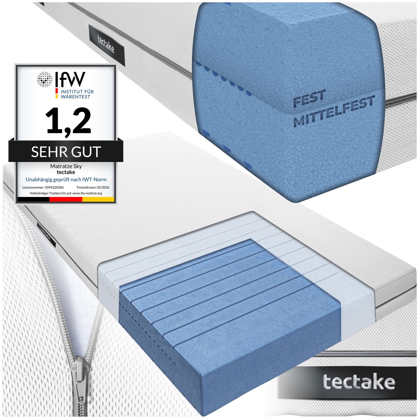 tectake® Matratze, verschiedene Größen, langlebig und formstabil, waschbarer Bezug aus atmungsaktivem 3D-Meshgewebe